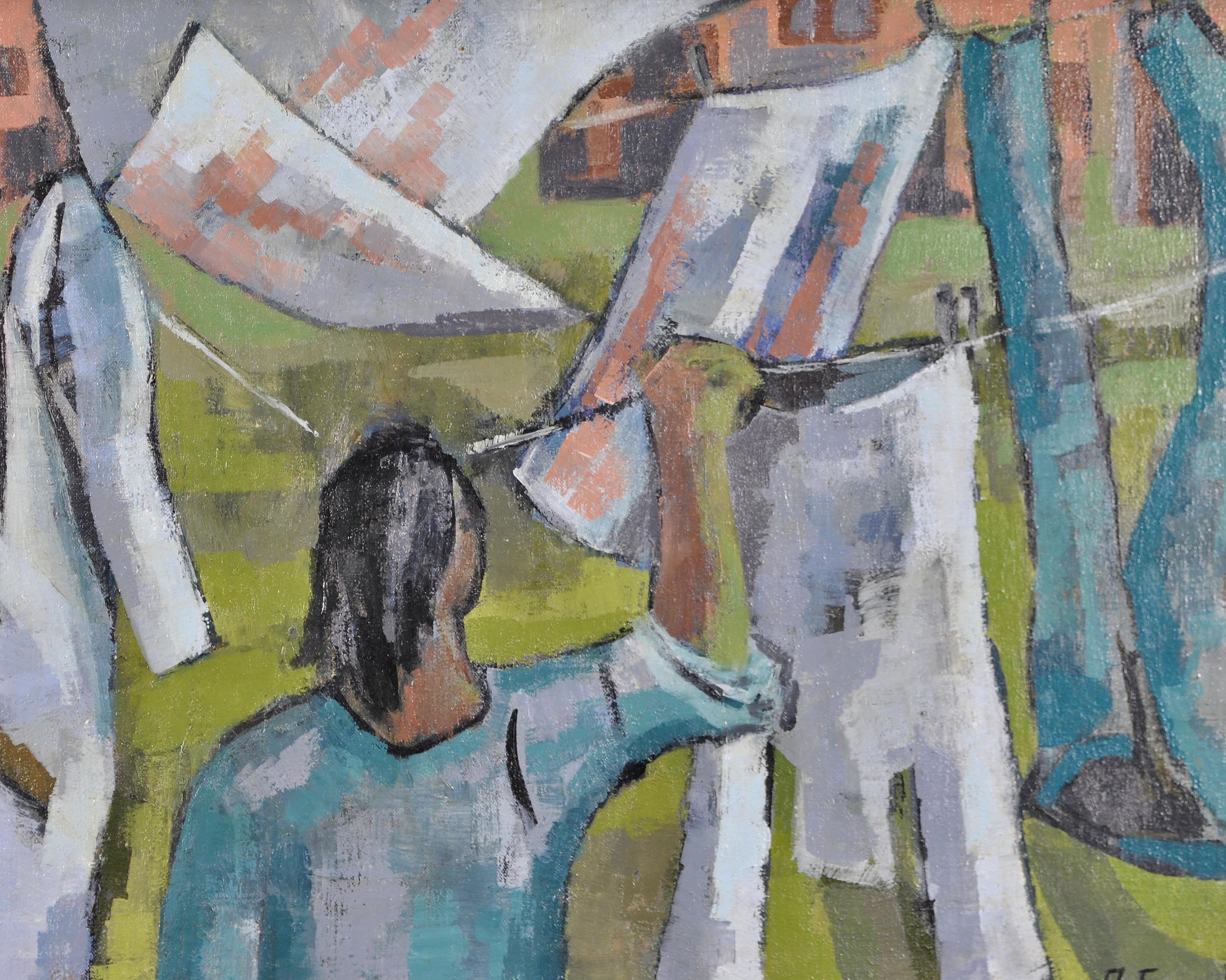 Washing on a Line - Modern British Figurative Garden Oil on Canvas Painting For Sale 2