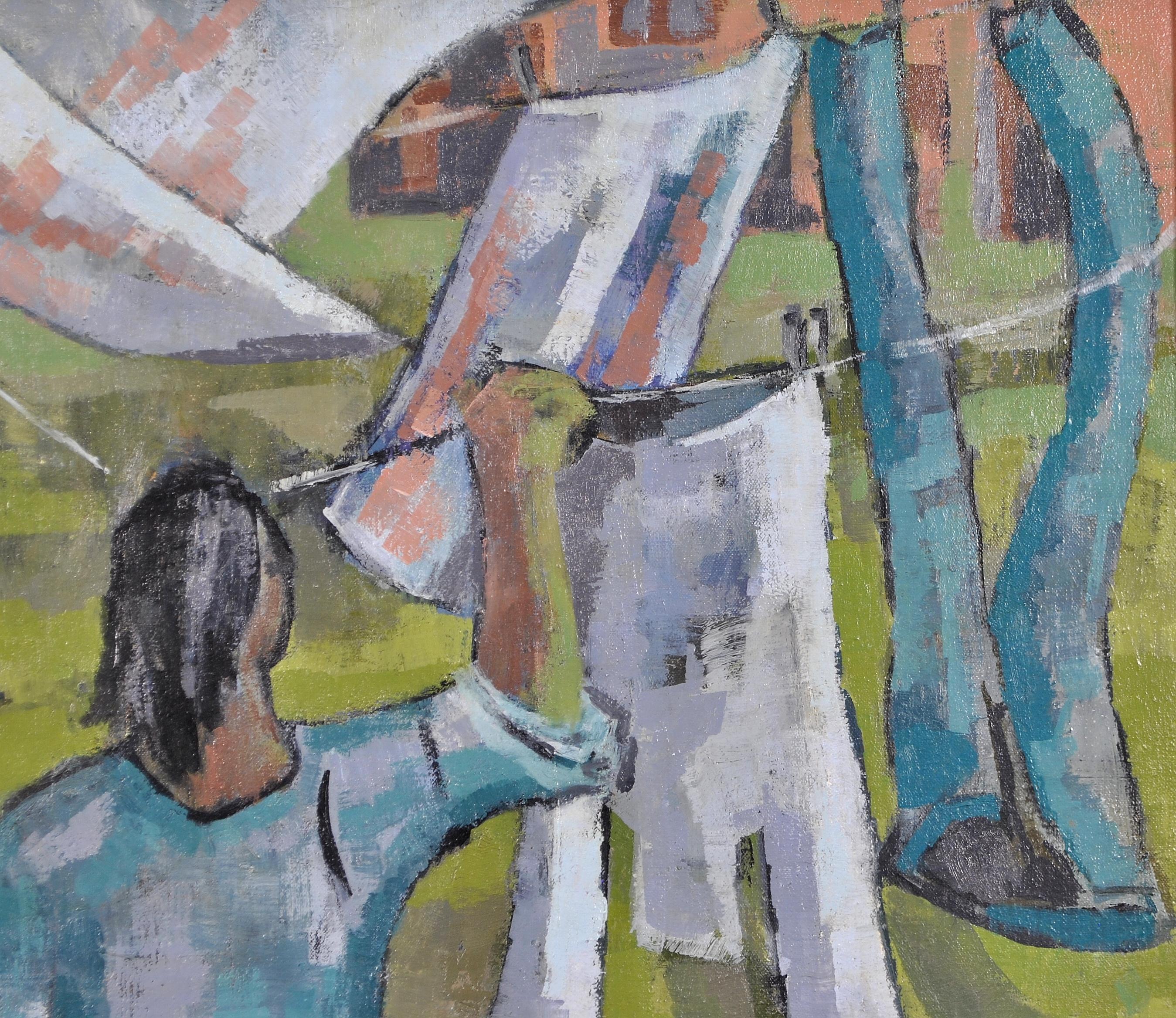 Washing on a Line - Modern British Figurative Garden Oil on Canvas Painting For Sale 3