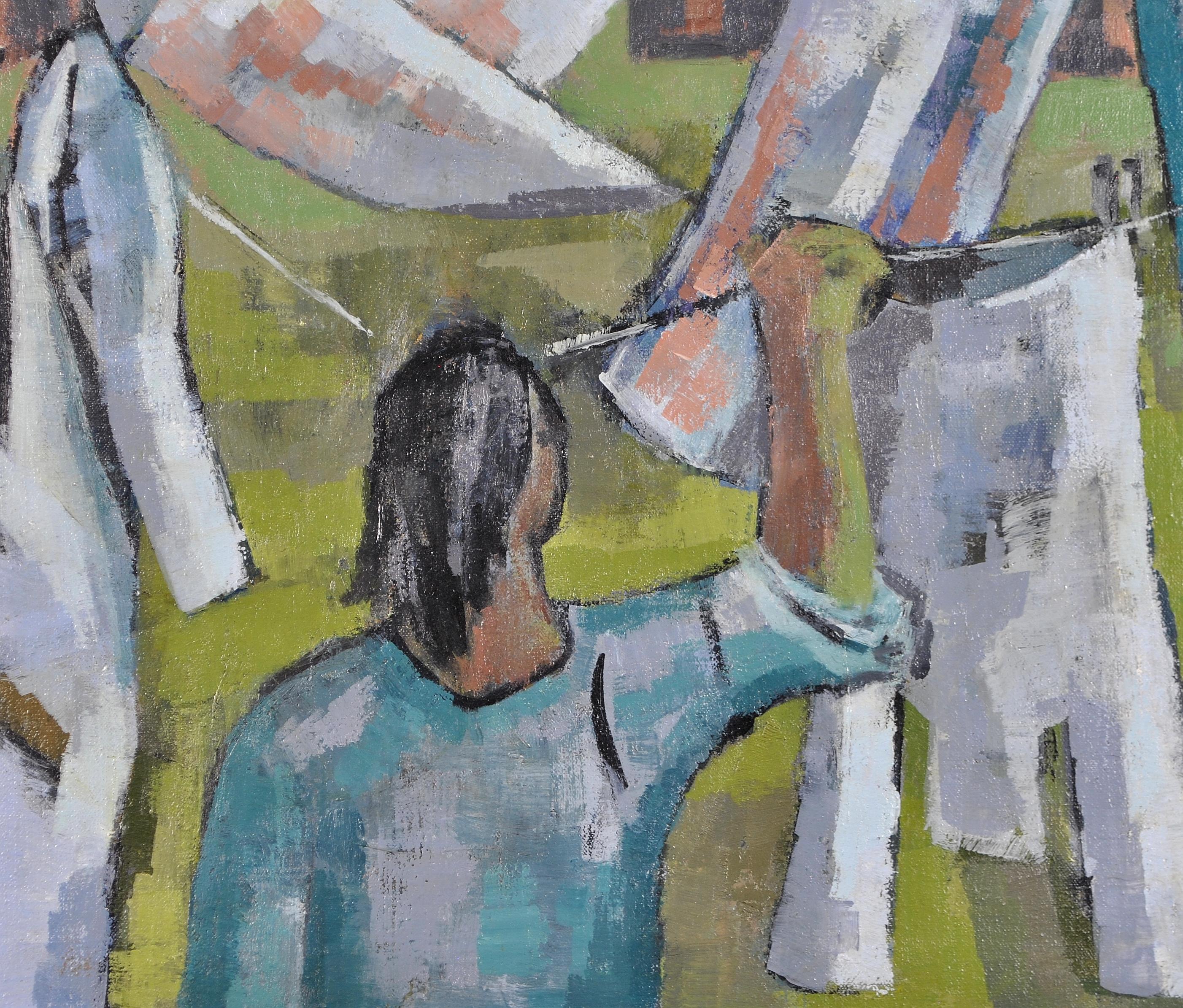 Washing on a Line - Modern British Figurative Garden Oil on Canvas Painting For Sale 4