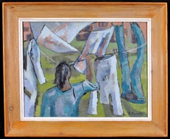 Vintage Washing on a Line - Modern British Figurative Garden Oil on Canvas Painting