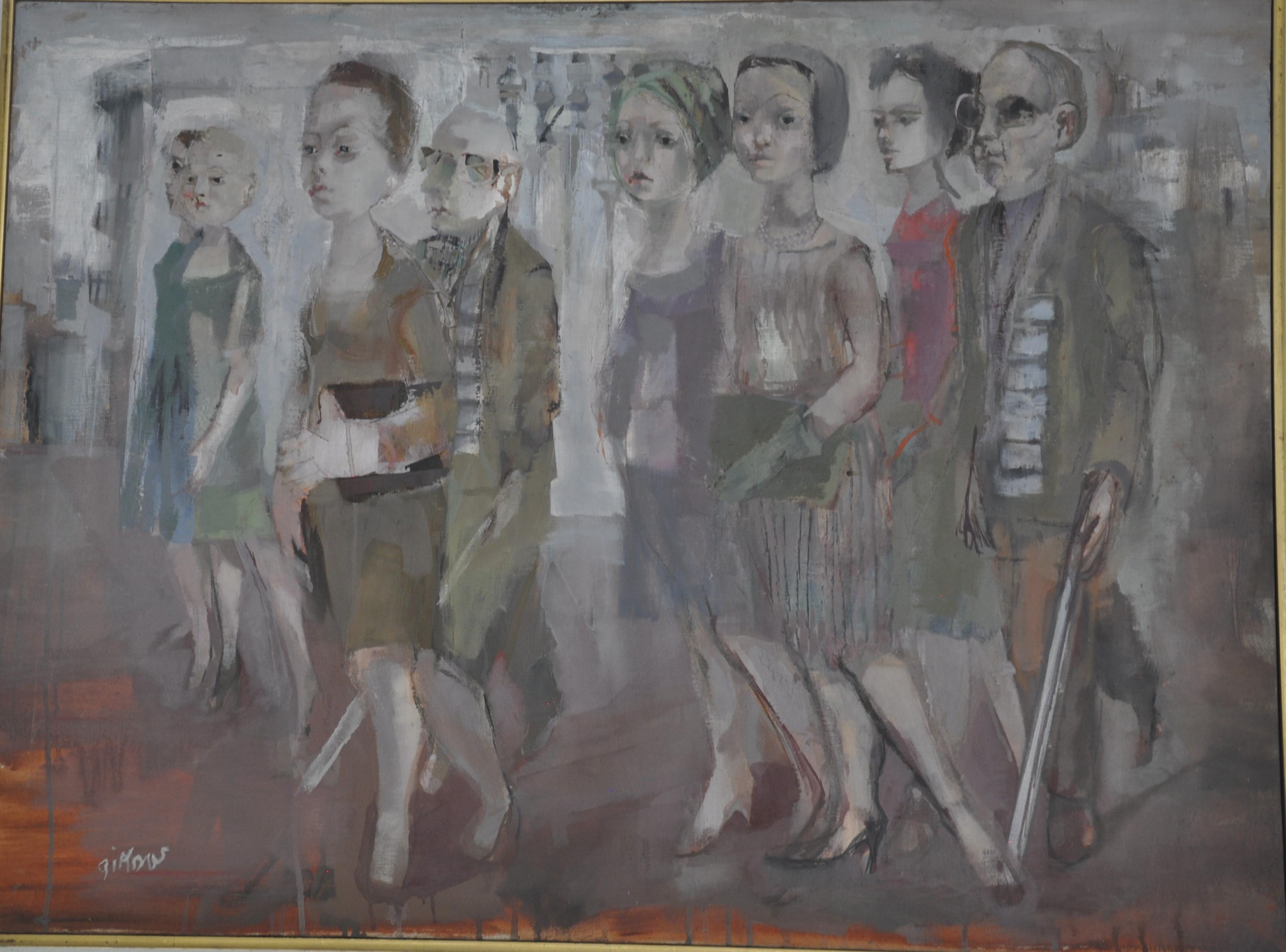 A mixture of men and women looking onward in the streets of Madrid. With colors/hues of black, brown, green, white, and gray. Frame is sleek and thin. 
Oil on Canvas  with canvas dimensions of 29 x 40 inches.


About the Artist:

Reaching maturity