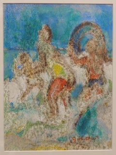 Retro Modernist Beach Scene Painting, Playing Ball in Surf, WPA Jewish Woman Artist