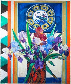 „Stillleben mit Irisen“:: signiertes Original-Gouache-Gemälde von Ruth Grotenrath