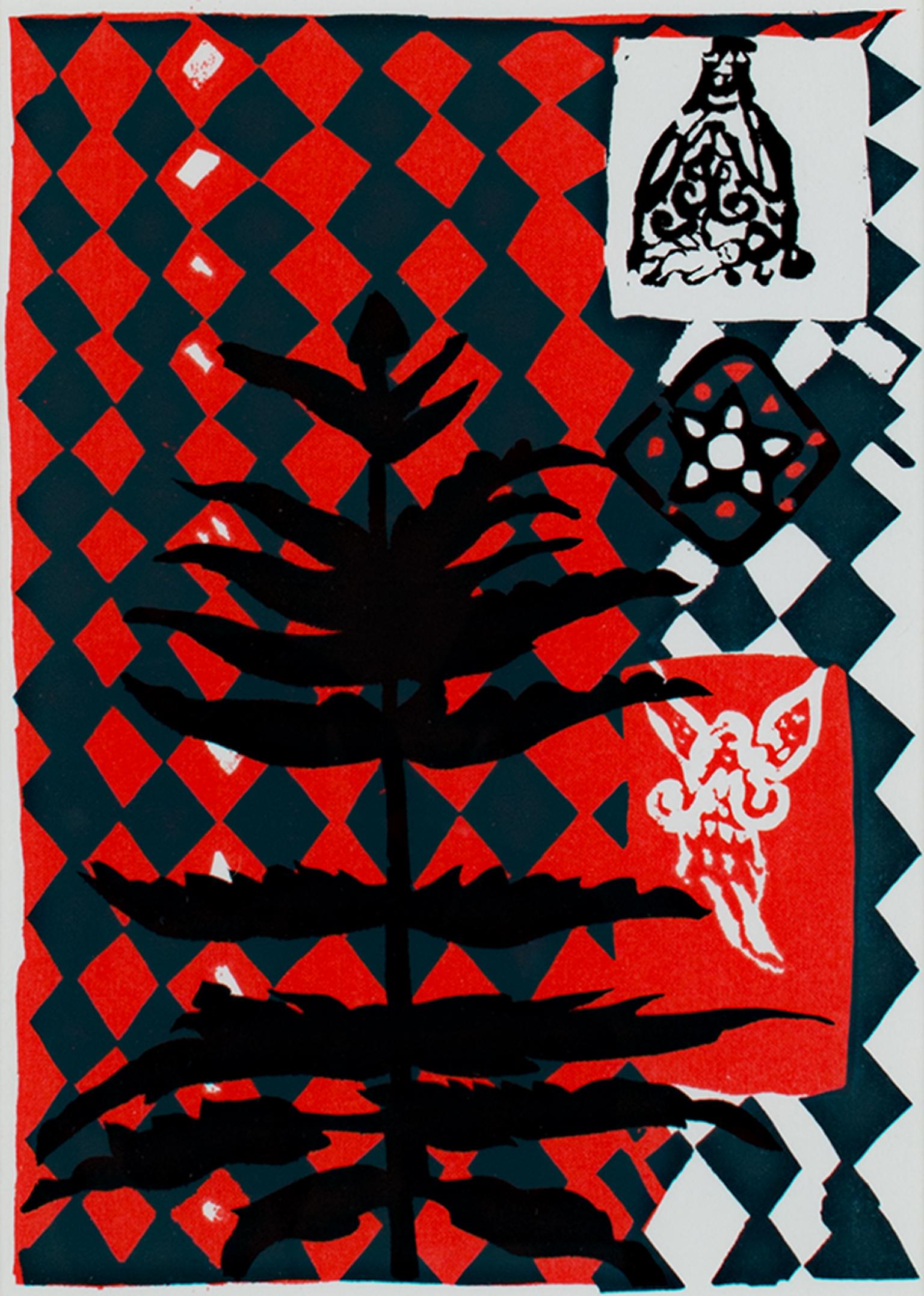 "Christmas Traditions 30119" is an original color silkscreen signed in screen on verso by Ruth Grotenrath. This piece depicts patterns in green and red as well as other Christmas images, like an evergreen tree and angel. 

6 3/8" x 4 1/2" art
13