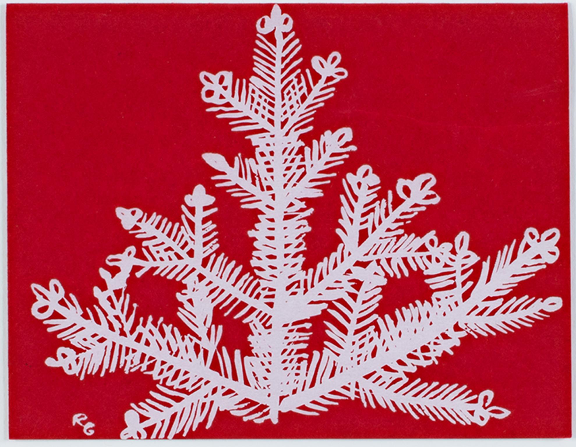 "Fir Tree" (Artist's #1516) is an original color silkscreen by Ruth Grotenrath. The artist signed the piece with her initials lower left. This artwork depicts a white fir tree branch in white on red. 

4 1/4" x 5 3/8" art
12" x 13" frame

"The