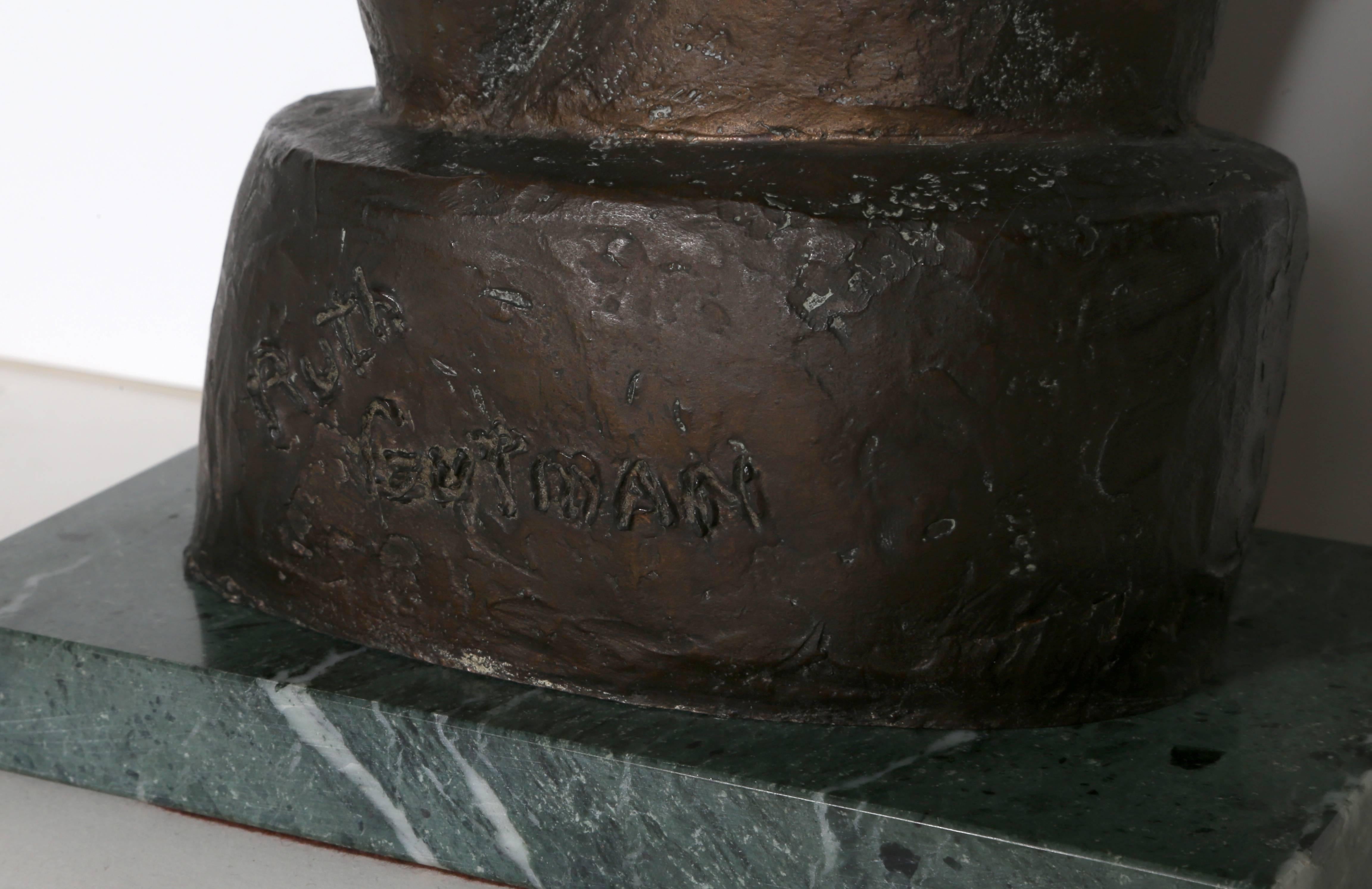 Artist: Ruth Gutman, American
Title: Mother and Child
Medium: Bronze sculpture, signature inscribed 
Size: 14 x 6 x 3.5 in
Base: .75 x 4.5 x 7.5 in