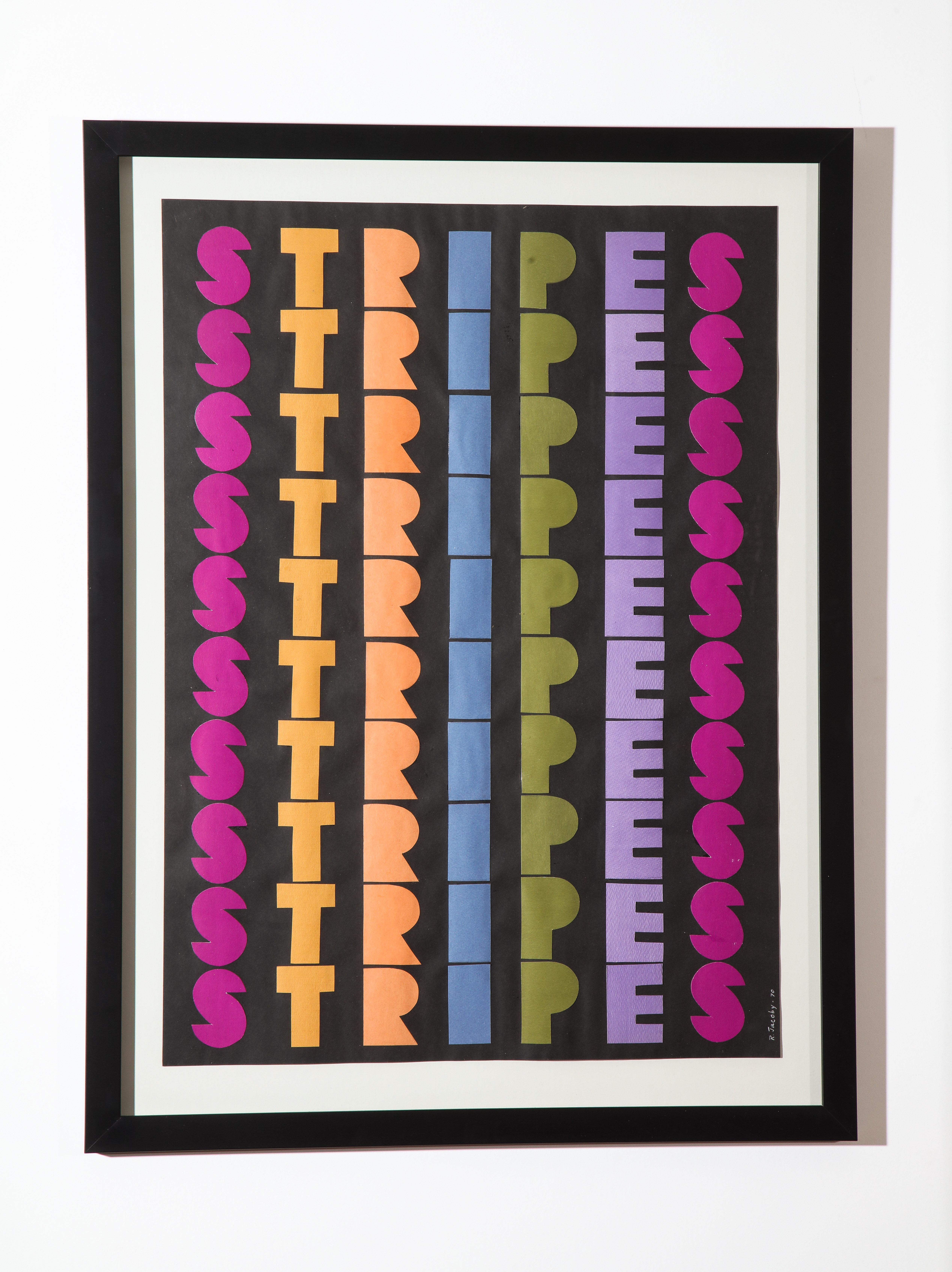 Ruth Jacoby collage stripes signed. Ruth Jacoby New York visual poet: 1903-1993. Collage on cardstock with handcut stencilled letters. Signed R. Jacoby 1970 lower right edge. Newly reframed with UV plexiglass and black matte wood molding. Image size