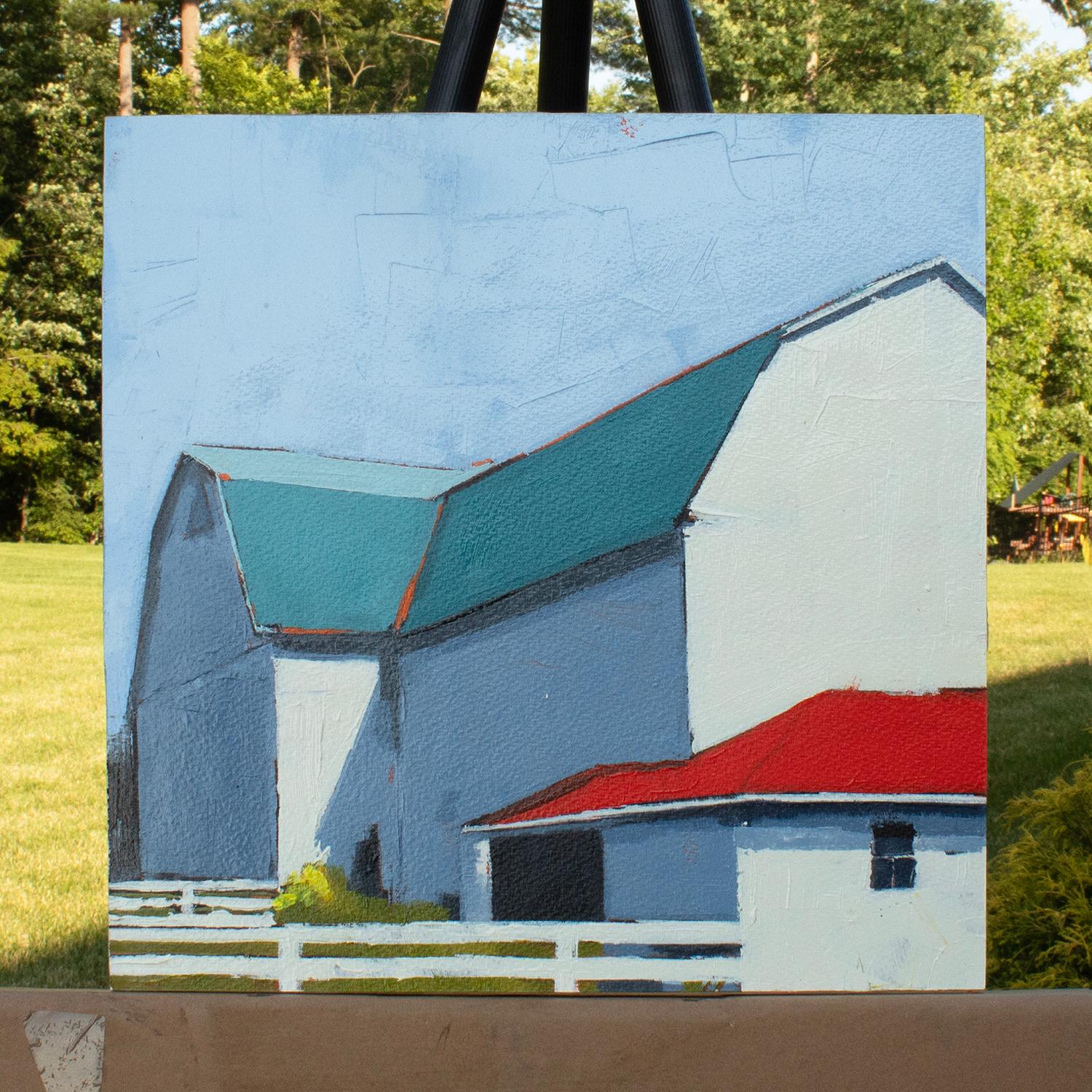 Grange au toit rouge, peinture originale - Contemporain Painting par Ruth LaGue