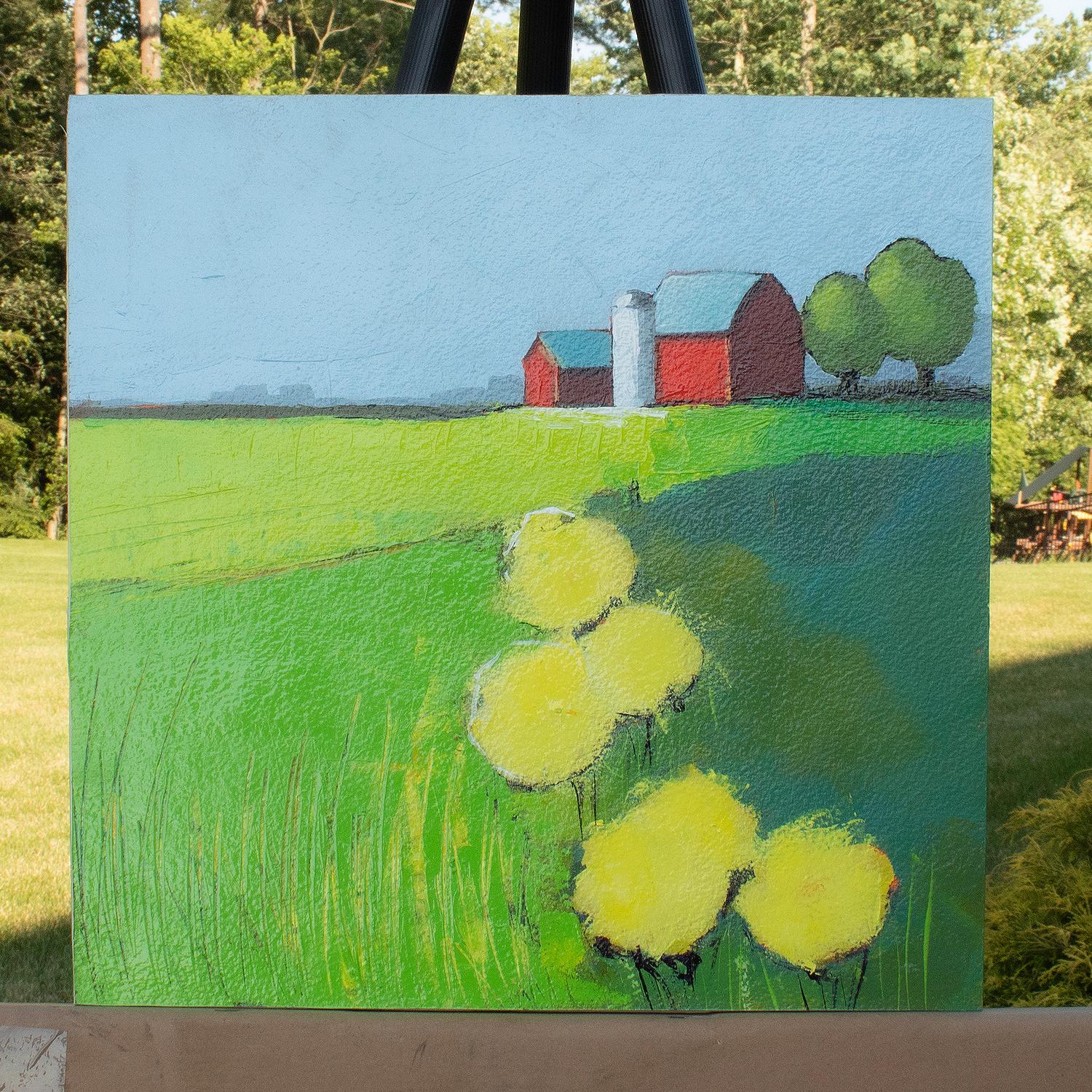 <p>Artist Comments<br>Artist Ruth LaGue shares an idyllic landscape of the lush countryside. Two red barns and a silo stand abreast of verdant trees in the background. Inspired by the shapes and patterns of the field of dandelions, Ruth draws the
