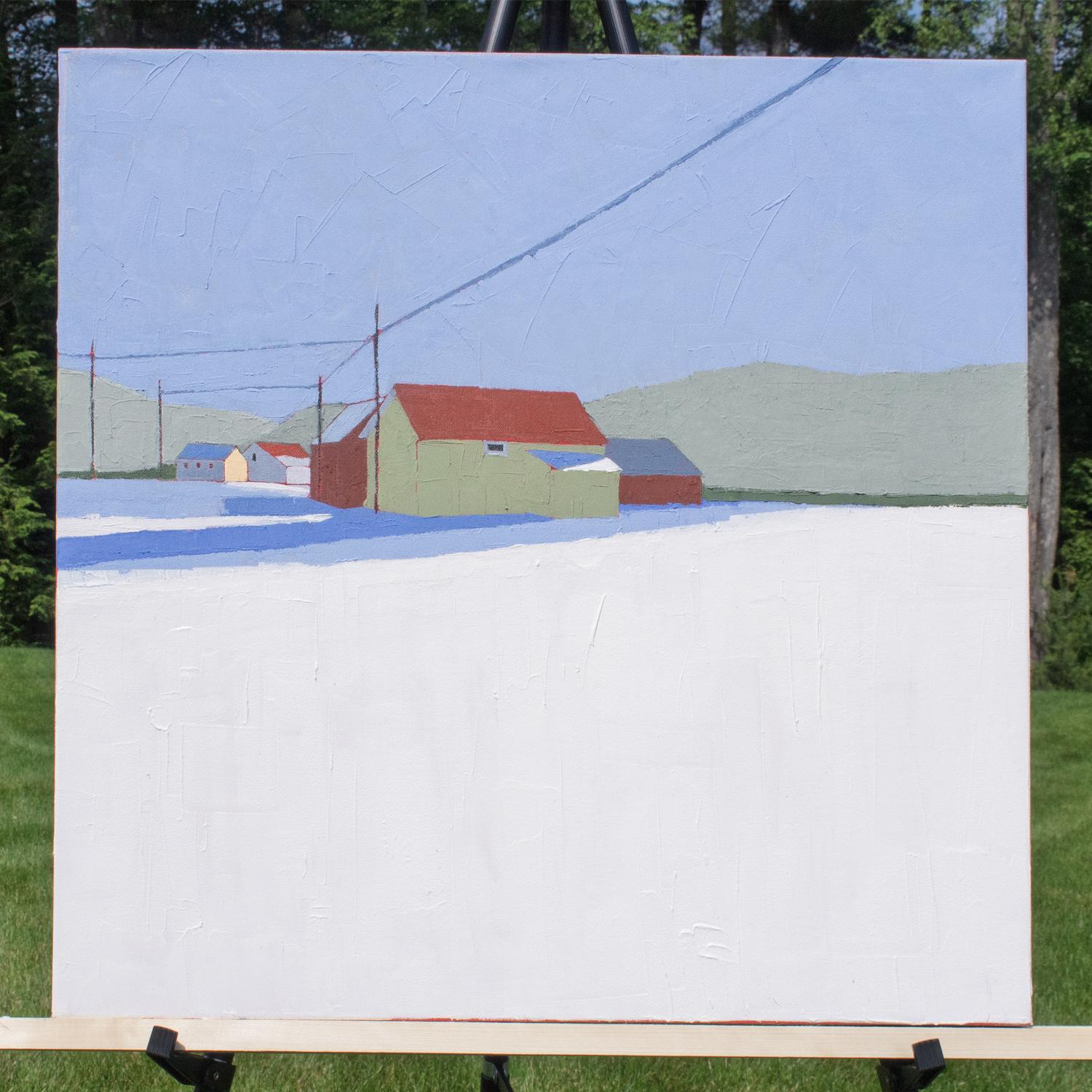 <p>Artist Comments<br>Red-roofed barns sit quietly under a pale blue sky. Snow covers the ground, creating a calm and quiet scene. Power lines stretch overhead, adding a stark stillness to the landscape.</p><br/><p>About the Artist<br>Artist Ruth