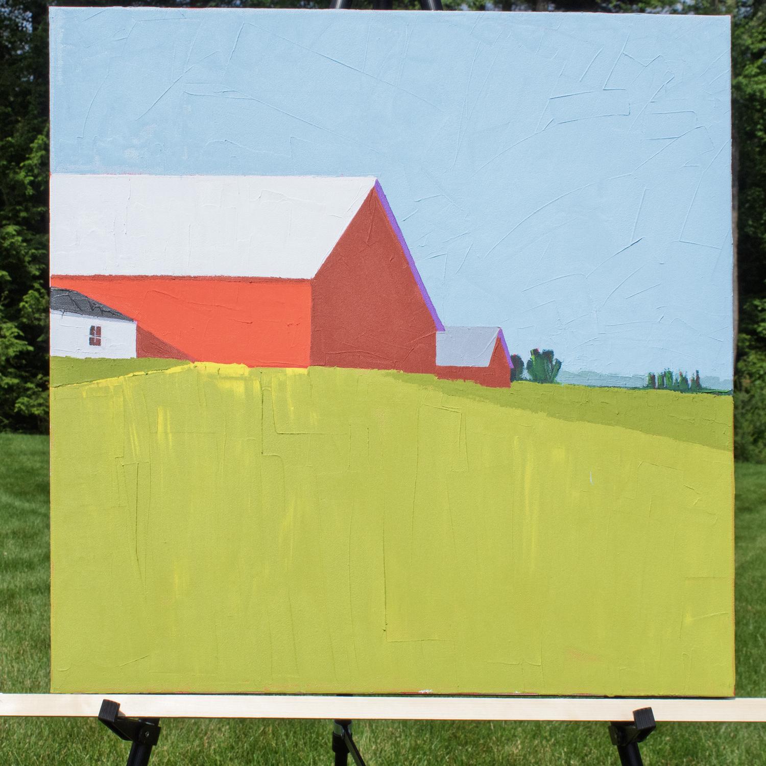 <p>Artist Comments<br>A bold red barn stands out against a sunlit, chartreuse-green field. Small outbuildings suggest the hum of rural life, while the colors radiate warmth and growth. The sharp edges and flat colors give the painting a modern
