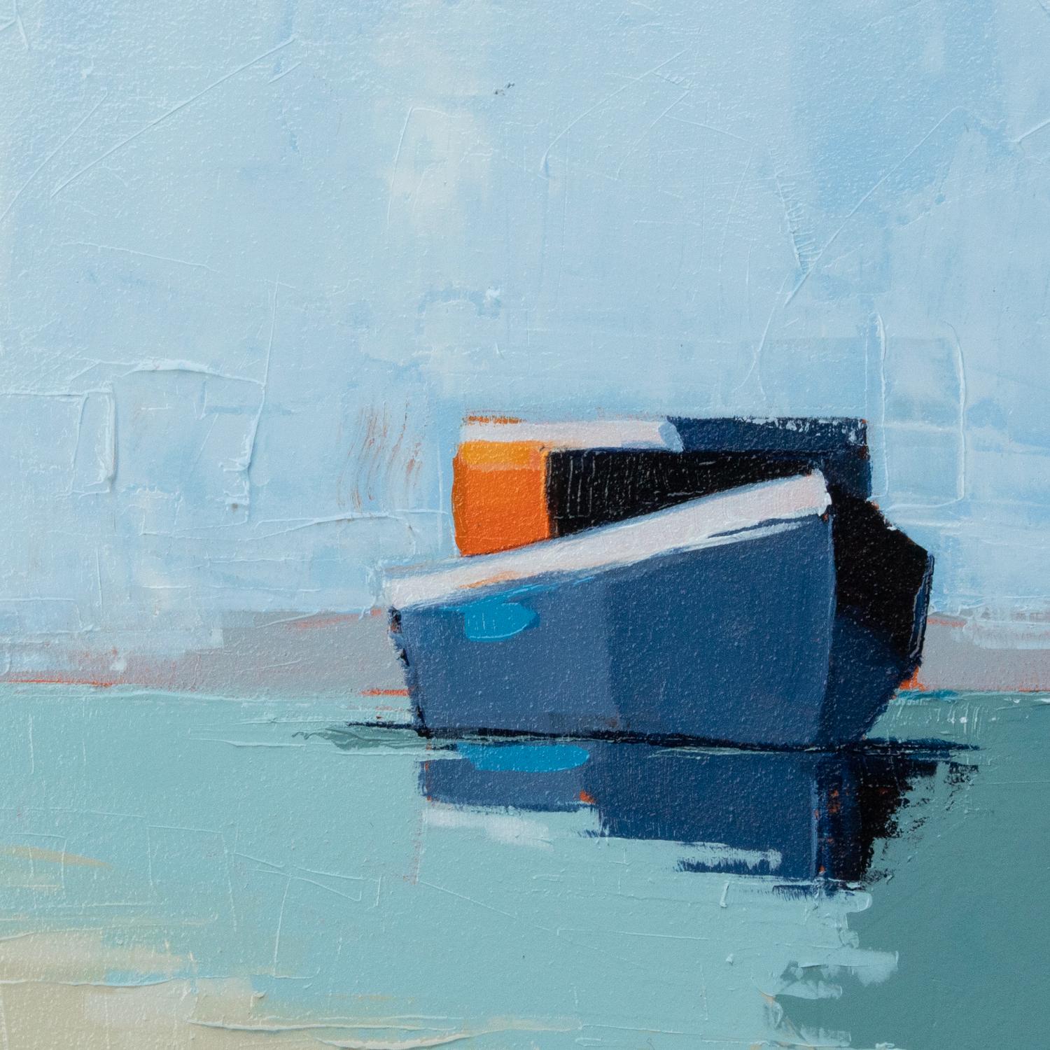 Acque e barca che riposano, dipinto originale - Landscape Painting Blu di Ruth LaGue