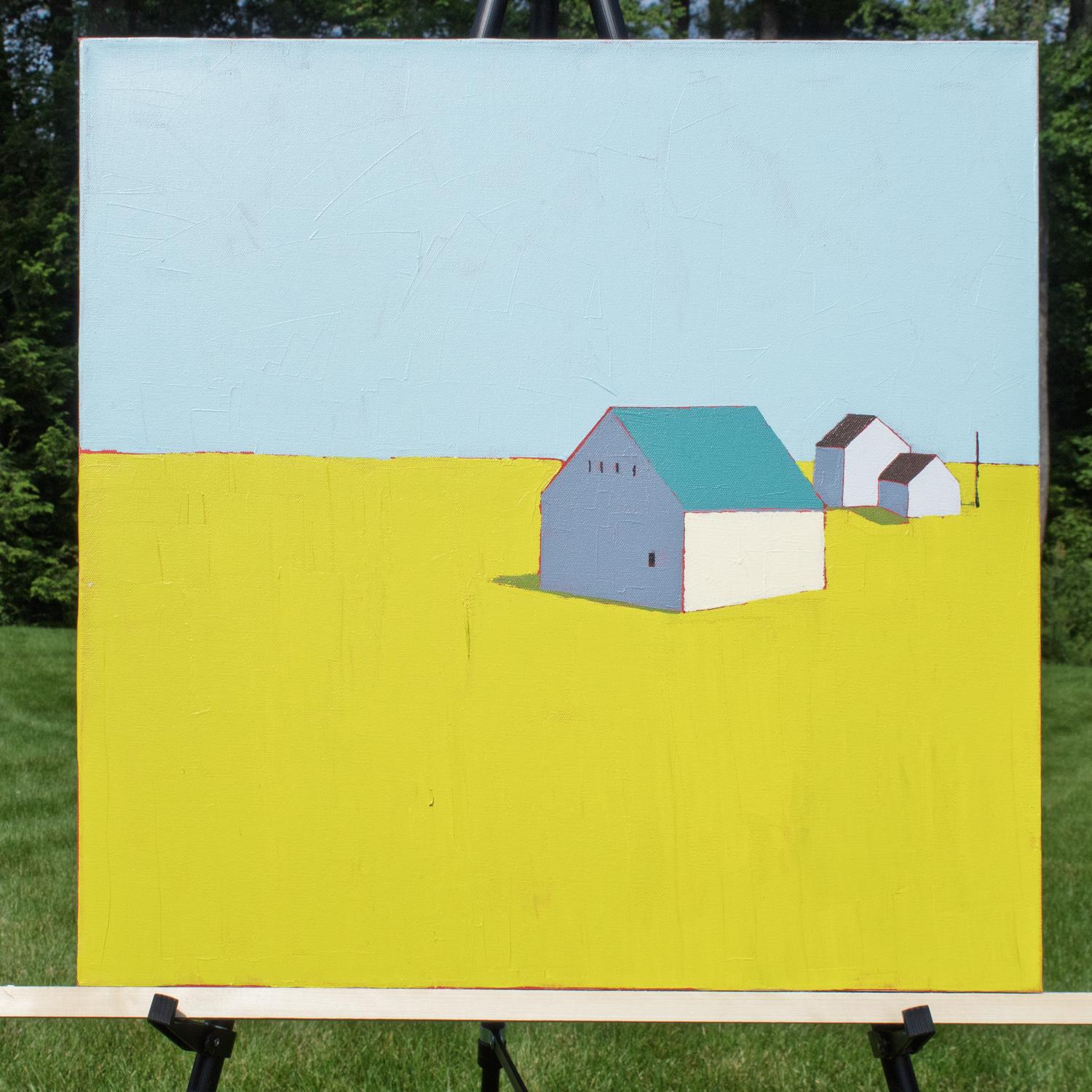 <p>Artist Comments<br>A central blue-roofed barn stands confidently in a vast yellow field, backed by a cluster of buildings in the distance. Flattened shapes and a bold palette create a minimalist and graphic quality. The piece explores tonal