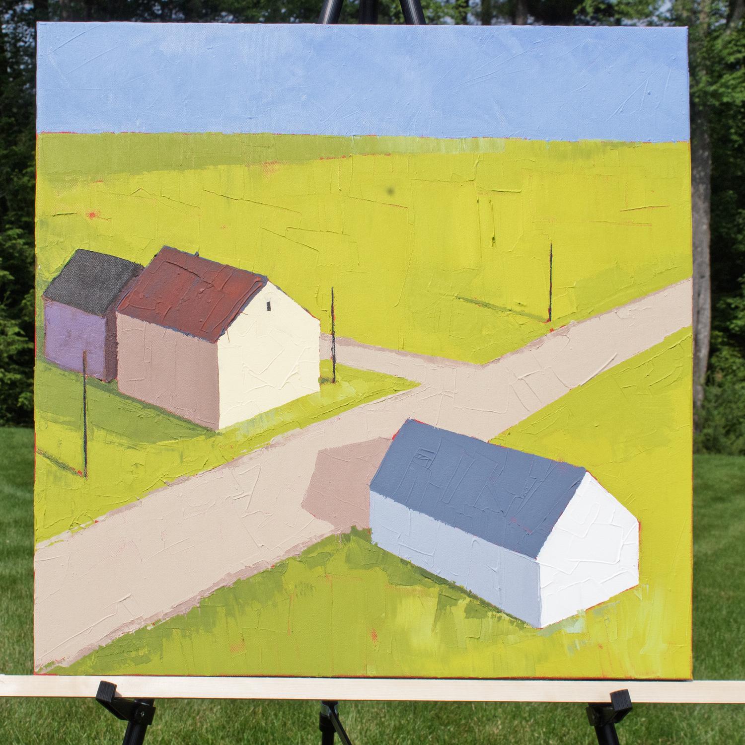 <p>Artist Comments<br>A road carves through vividly-colored farmland, leading the eye past clustered buildings and telephone poles. The sharp lines, flat colors, and overhead perspective create a minimalist graphic map of quiet movement and rural