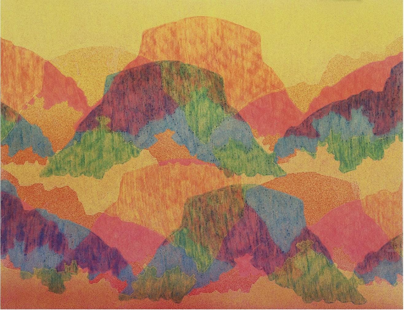 Ruth Lantz Abstract Painting - Mountain Study V.10 Abstract warm Airbrush and Coloured pencil painting on Paper