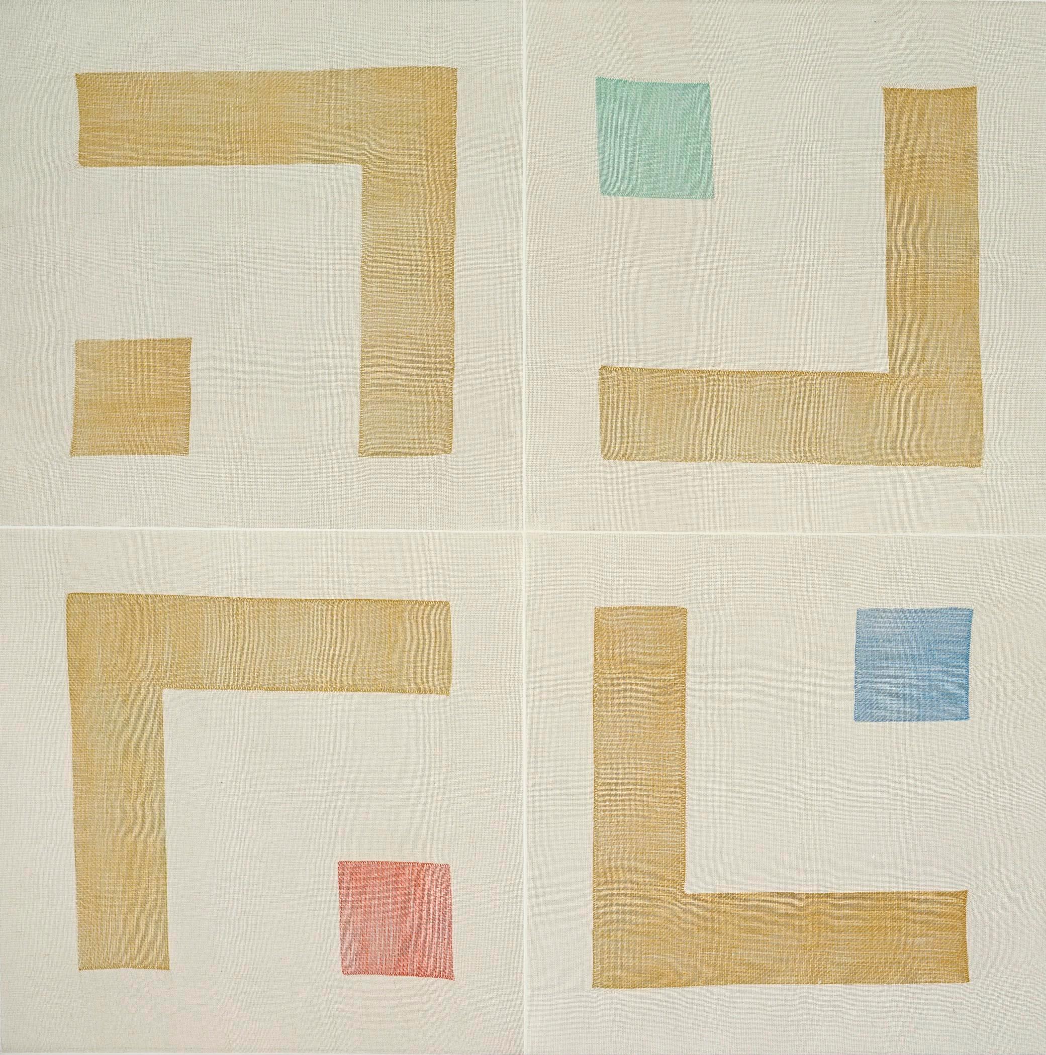 Gris à tissage simple (ocre jaune, vert Viridien, bleu céruléen, rouge vermillion) - Print de Ruth Laskey