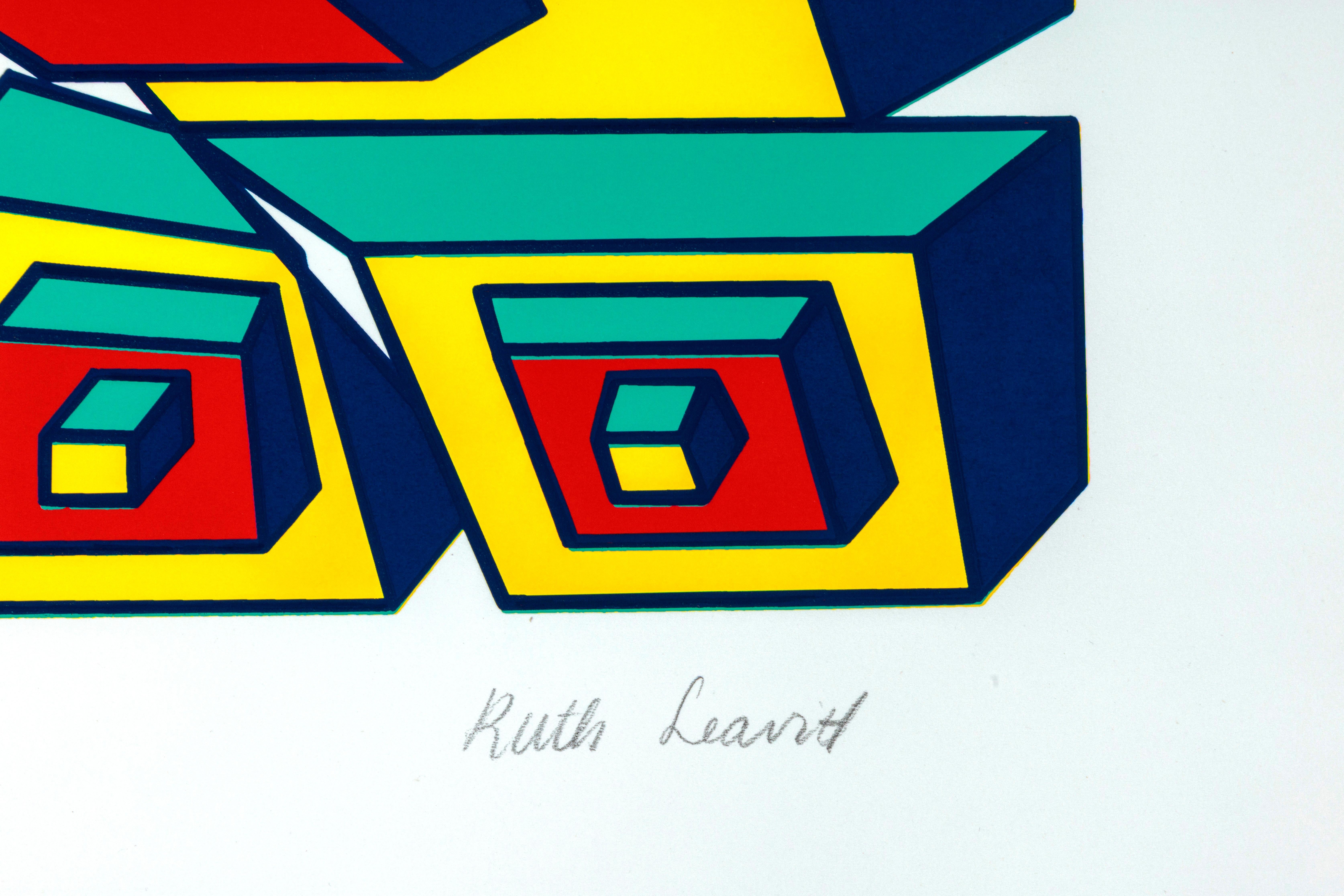 Ruth Leavitt (1944, Saint Paul, Minnesota) manipuliert und verändert abstrakte Formen mit Hilfe von Computern, indem sie sie virtuell streckt, dreht und über drei Achsen verformt. Ihre modularen Strukturen ähneln sich, sind aber nicht identisch.