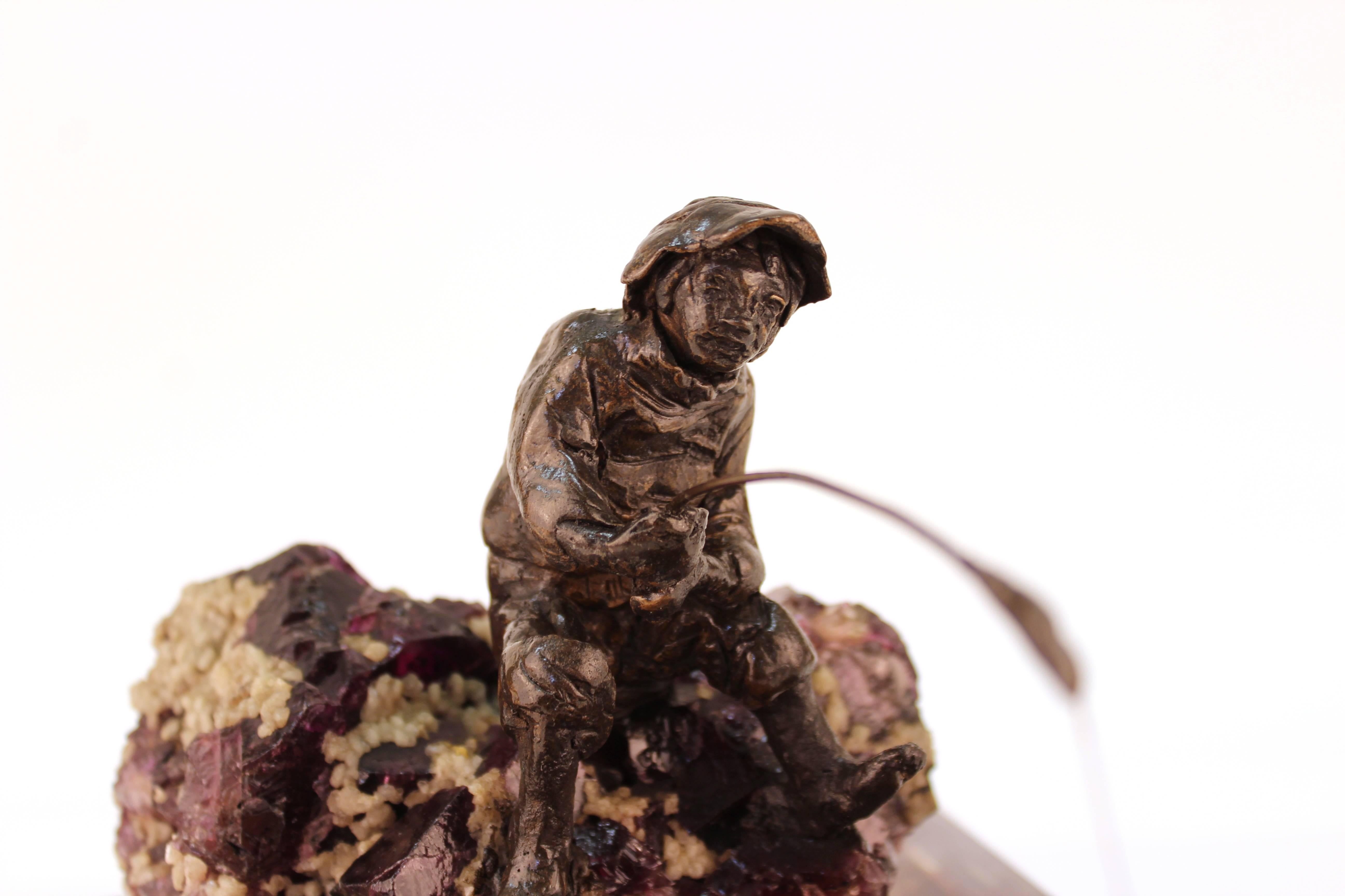 Mid-Century Modern Ruth Lee Leventhal Sculpture of a Fisherman in Bronze and Fluorite