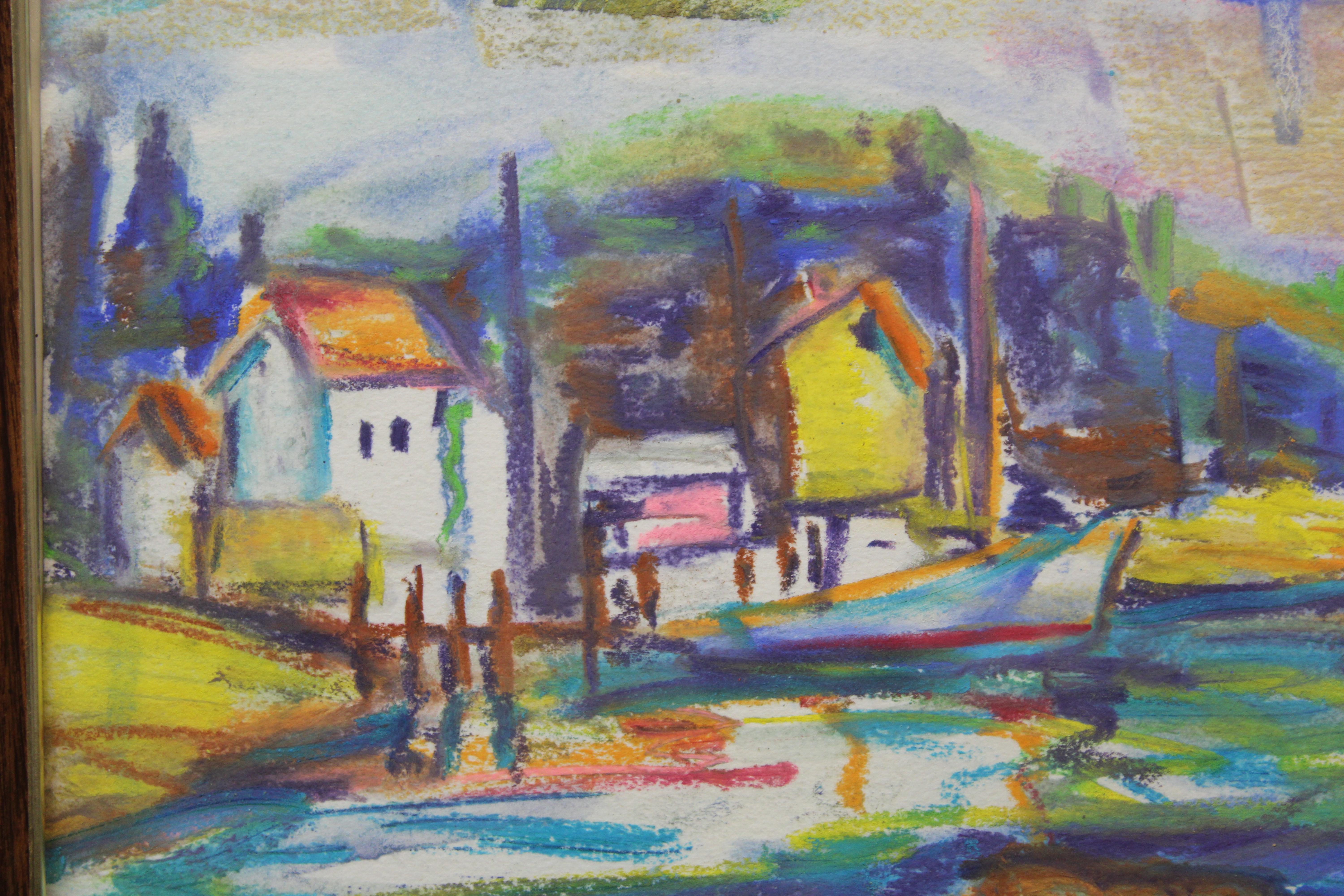 Colorful Pictorial of Houses Seaside  - Painting by Ruth Light Braun