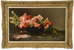 Antique ‘Summer Blooms’  A Still life of Flowers in a Vase on a Ledge