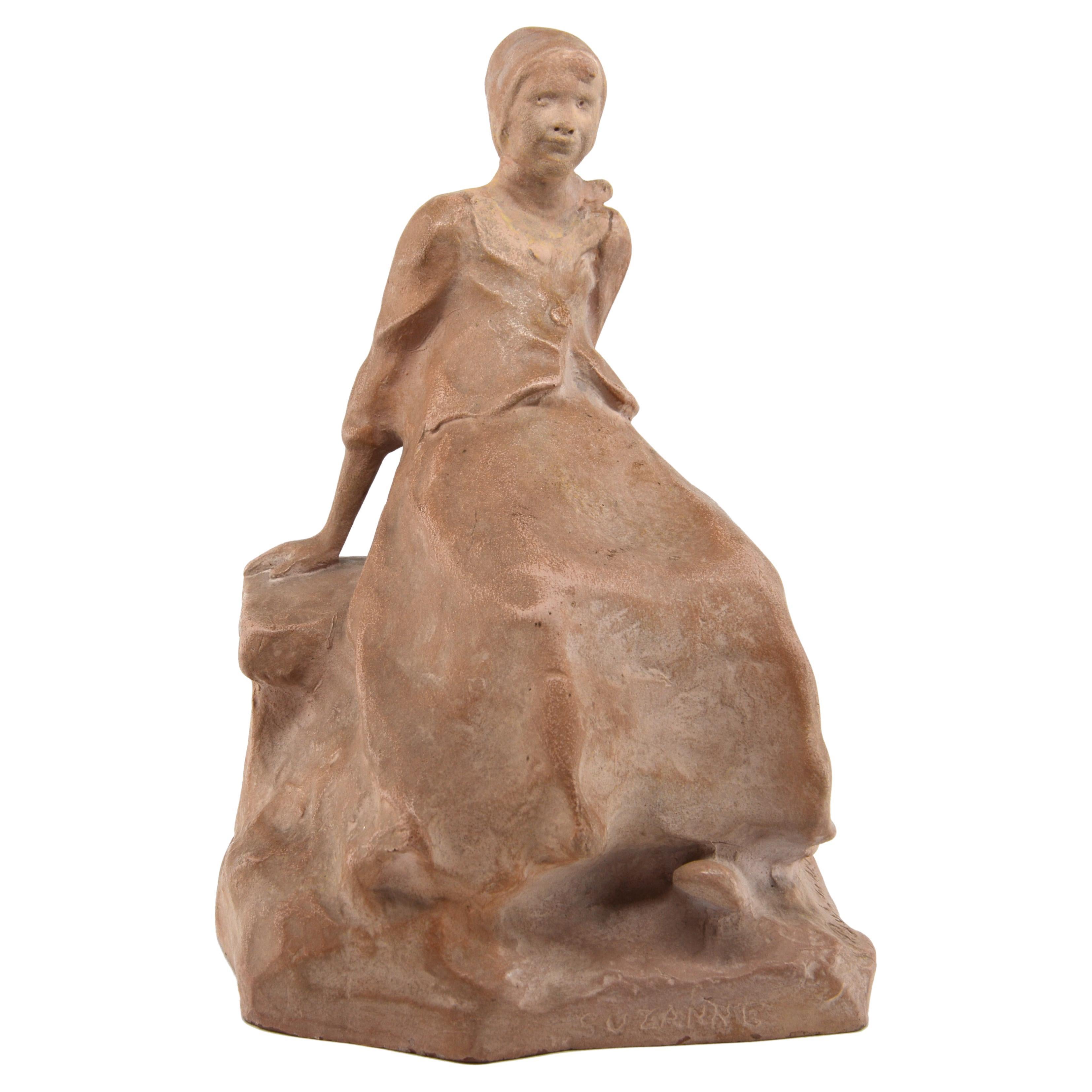 Ruth Milles French Art Deco Terracotta Statue, "Suzanne" Breton Character, 1927 For Sale