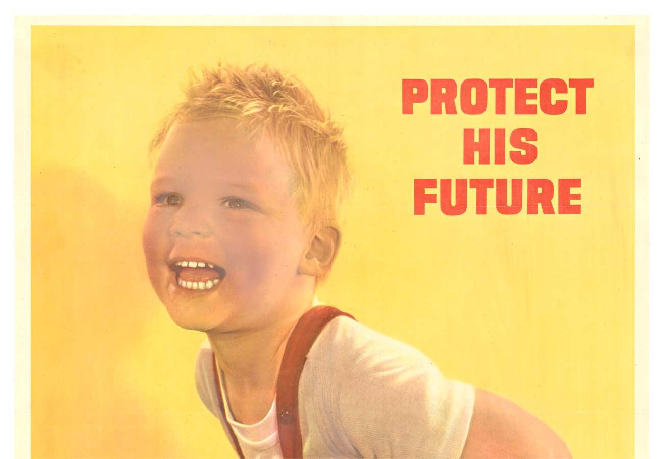 Vintage-Poster „Protect His Future – Buy and Keep War Bonds“ (Orange), Figurative Print, von Ruth Nichols