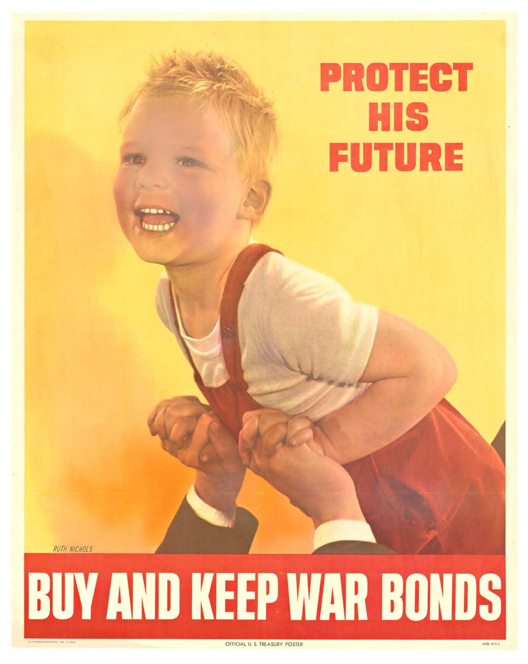 Ruth Nichols Figurative Print - Original "Protect His Future - Buy and Keep War Bonds" vintage poster