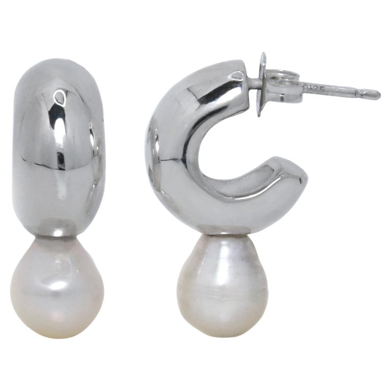 Ruth NYC, Melu Hoops, Freshwater Pearl Drop Hoop Earrings in Sterling