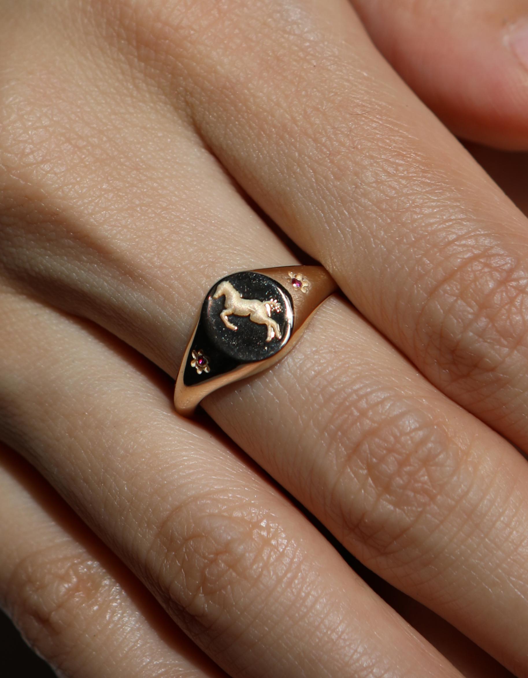 For Sale:  Ruth Nyc x Tea Leigh Pony Signet Ring, 14k Yellow Gold with Rubies 4