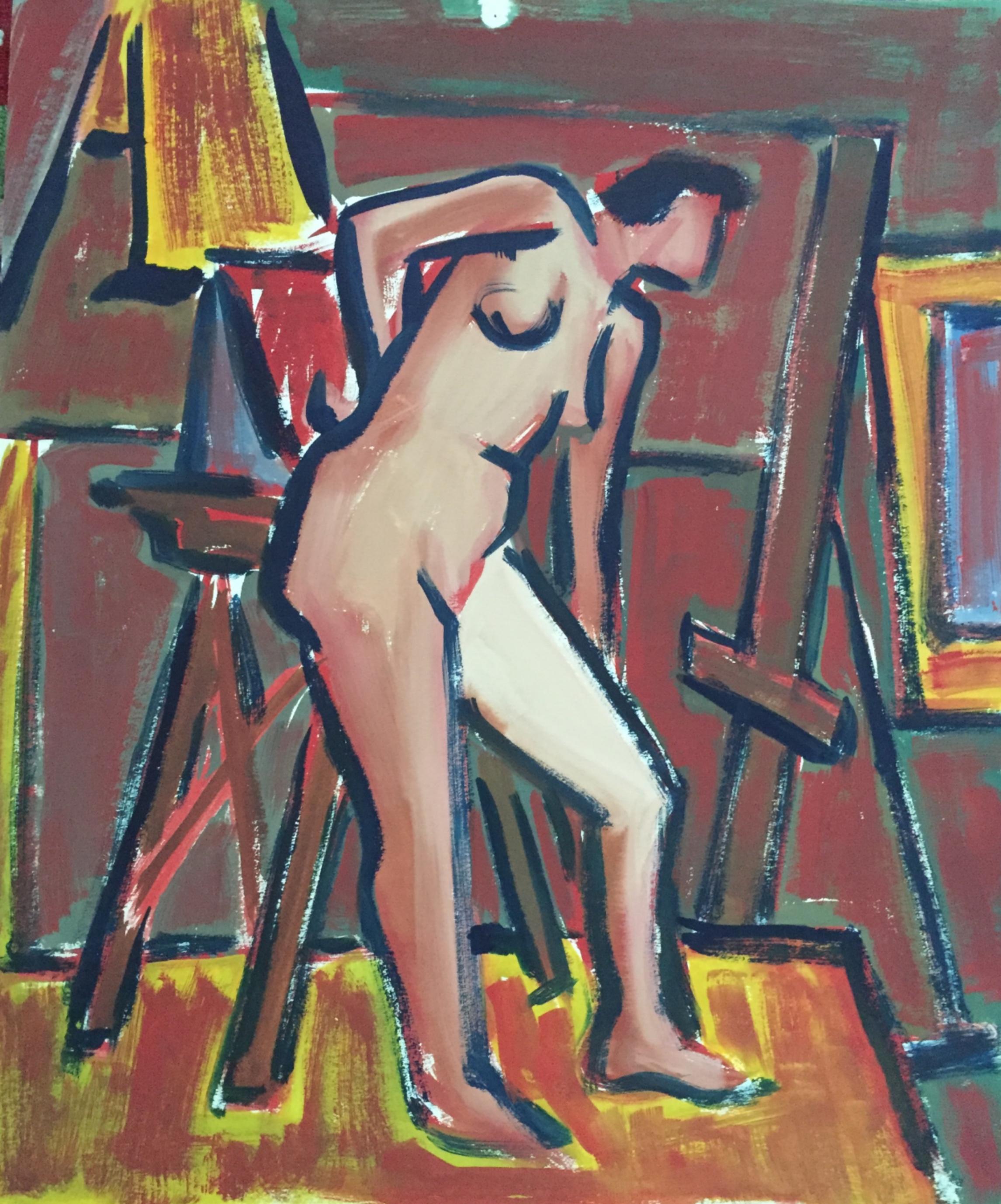 1950s "Bent" Mid Century Figurative Nude Painting Bay Area Figurative 