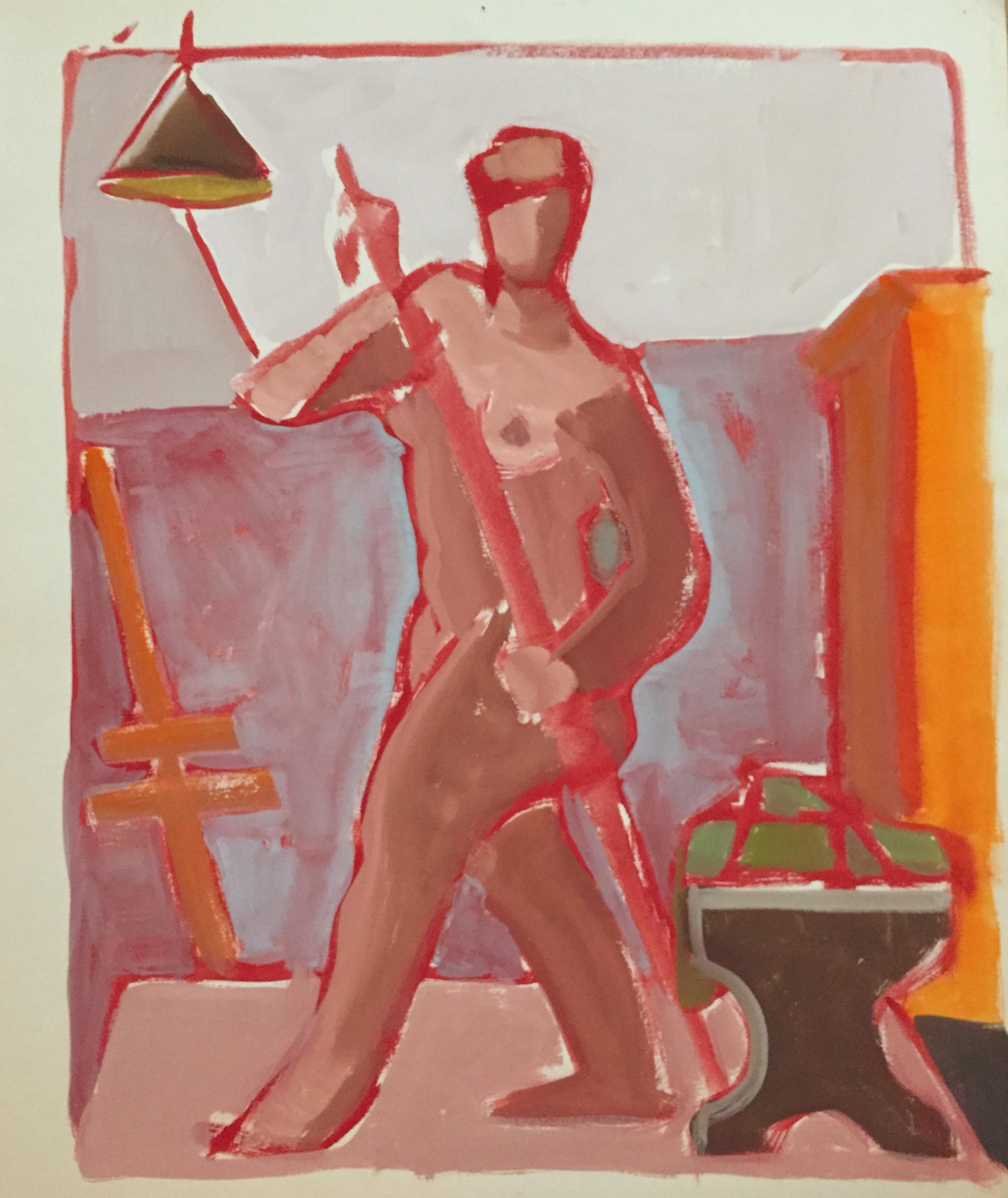 Unknown Figurative Painting - 1950s "Orange Nude" Mid Century Nude Gouache Painting