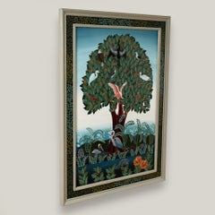 Vintage Modernist Painting of a Tree with Birds and Fruit by Ruth Schindler
