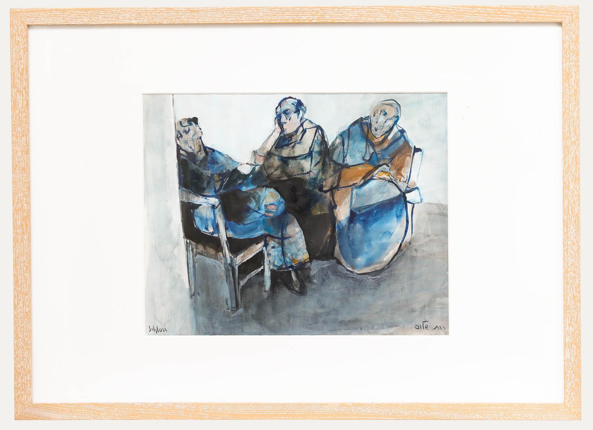 Completed with expressive brushwork in acrylic and ink. Very well presented in a contemporary wood frame. Signed in ink to the lower corner. On paper.