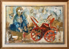 Pittura a olio israeliana Ruth Schloss Bambino, bambola, carro, Kibbutz Arte realista sociale