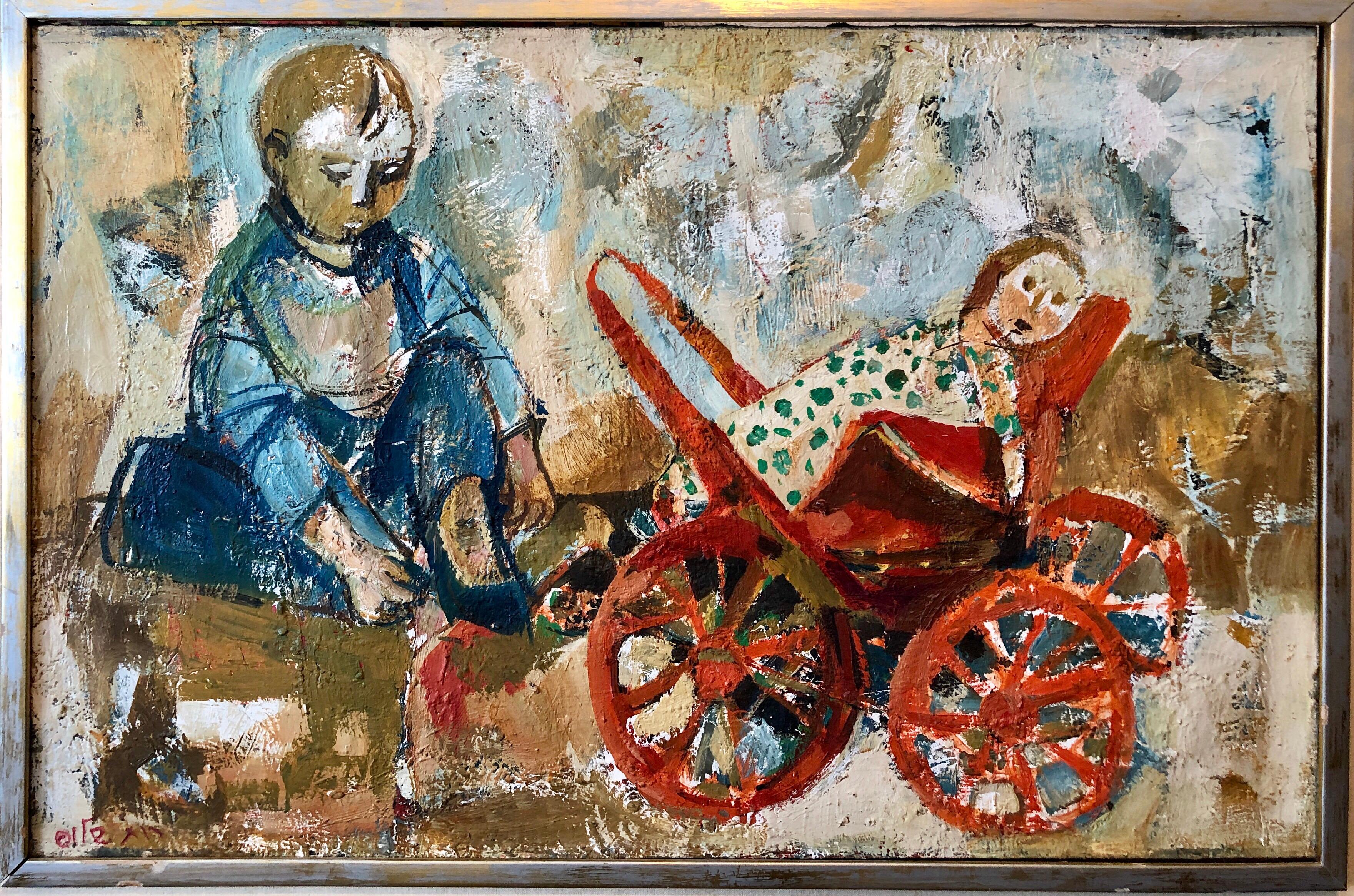 Peinture à l'huile israélienne Ruth Schloss enfant, poupée, Wagon, Kibbutz Social Realist Art en vente 2