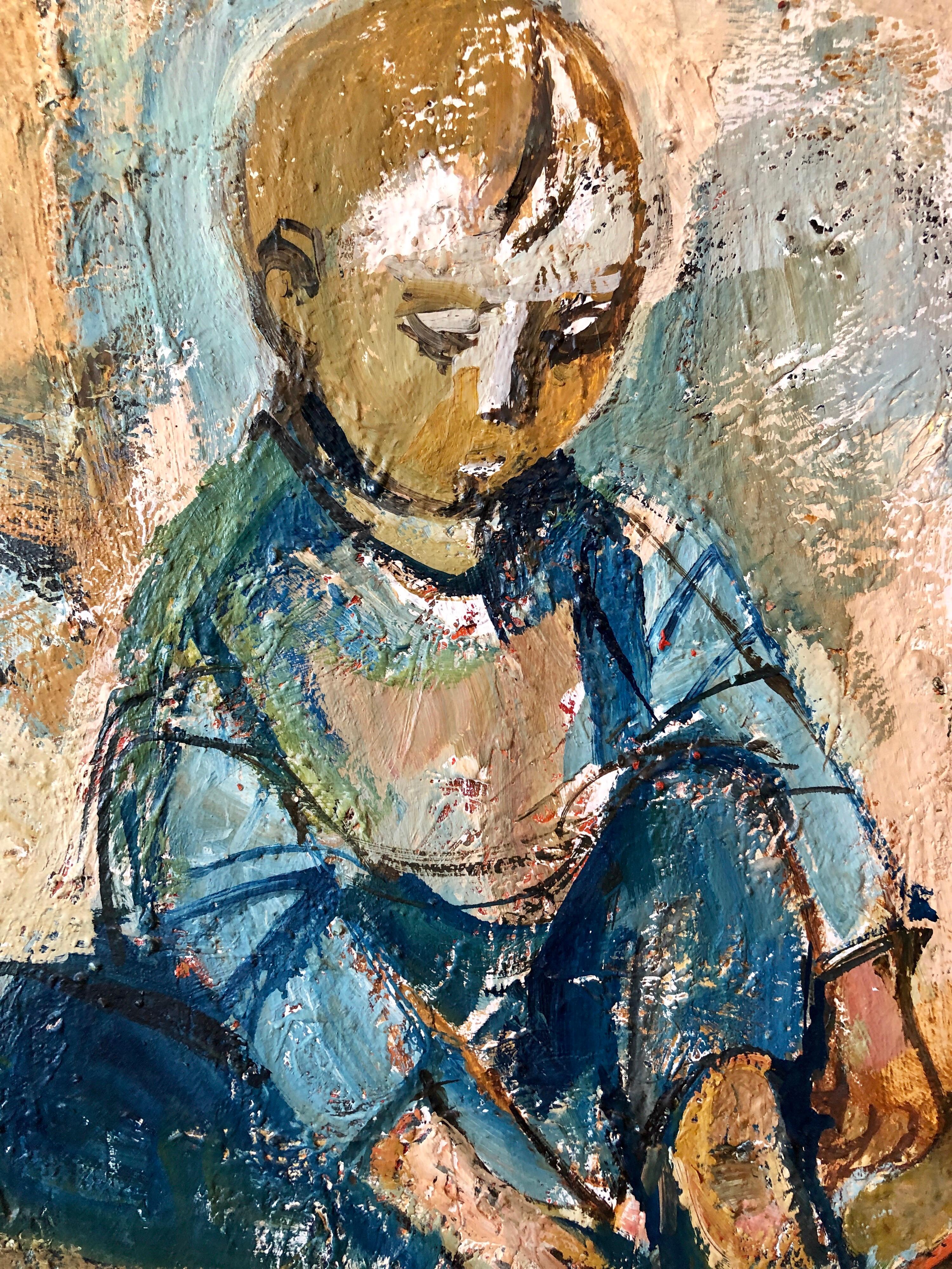 Israeli Oil Painting Ruth Schloss Child, Doll, Wagon, Kibbutz Social Realist Art For Sale 3