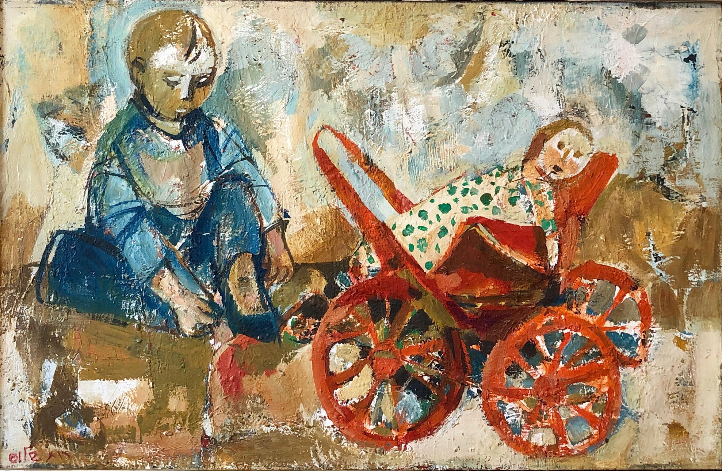 Large magnificent colorful Ruth Schloss oil painting of a child with a wagon with a doll or a baby in a carriage stroller.. Signed in Hebrew
size measures 31x43 with frame , 23x35.25 without the frame. (this is being sold unframed).

Ruth Schloss