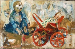 Peinture à l'huile israélienne Ruth Schloss enfant, poupée, Wagon, Kibbutz Social Realist Art