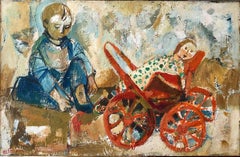 Pittura a olio israeliana Ruth Schloss Bambino, bambola, carro, Kibbutz Arte realista sociale