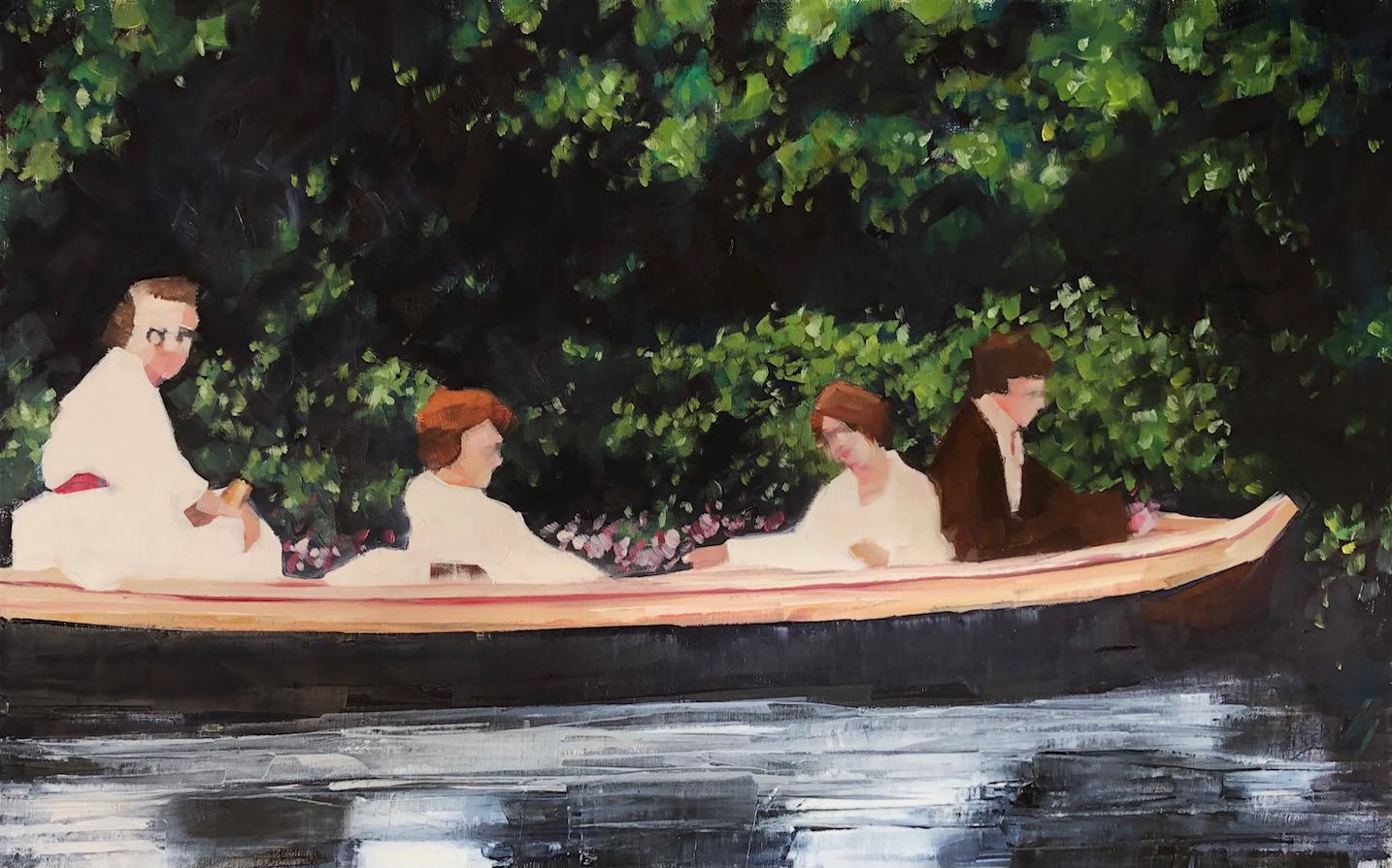 Ruth Shively Figurative Painting - Afternoon Delight, figurative oil painting of family canoeing on a lake