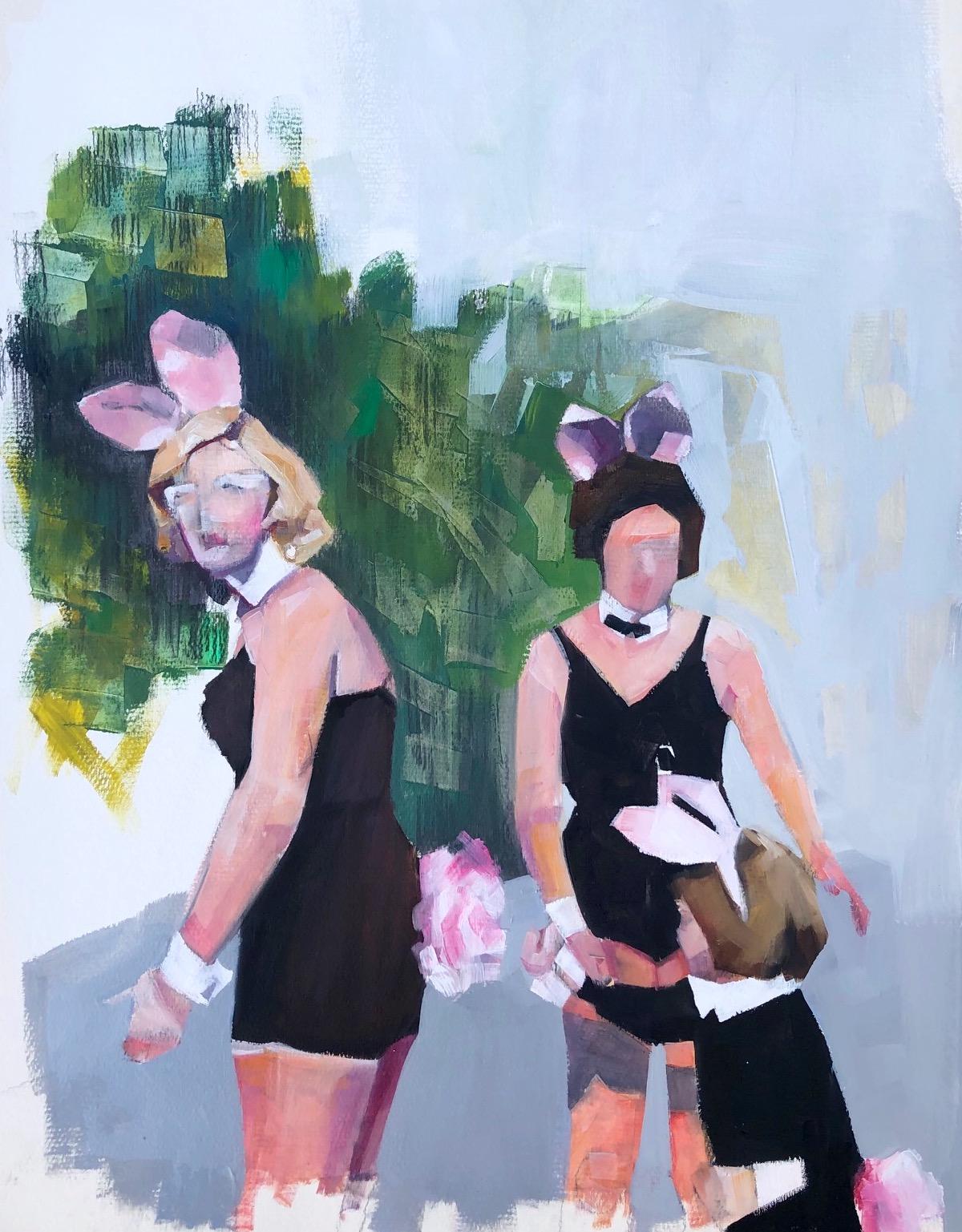 Ruth Shively Figurative Painting - Bunny Moms, figurative oil painting on paper of mothers and a child