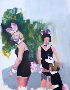 Bunny Moms, figurative oil painting on paper of mothers and a child