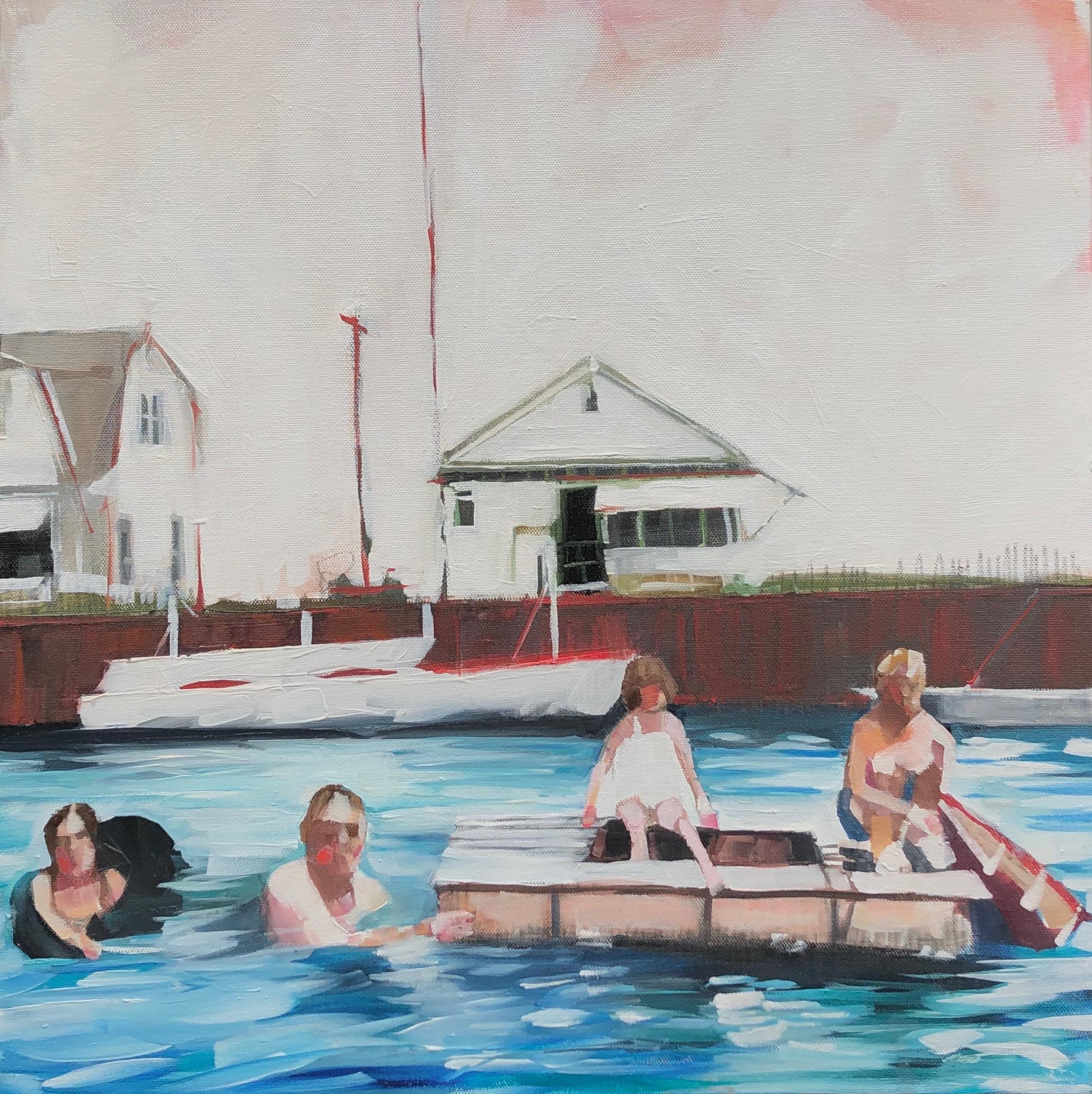 Ruth Shively Figurative Painting - Charlie’s Family Swim, figurative oil painting of family in lake