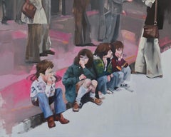 City Kids, figurative oil painting of children sitting on curb