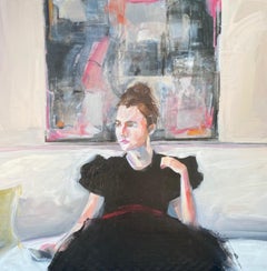 End of the Party, oil painting of girl in black dress, abstracted