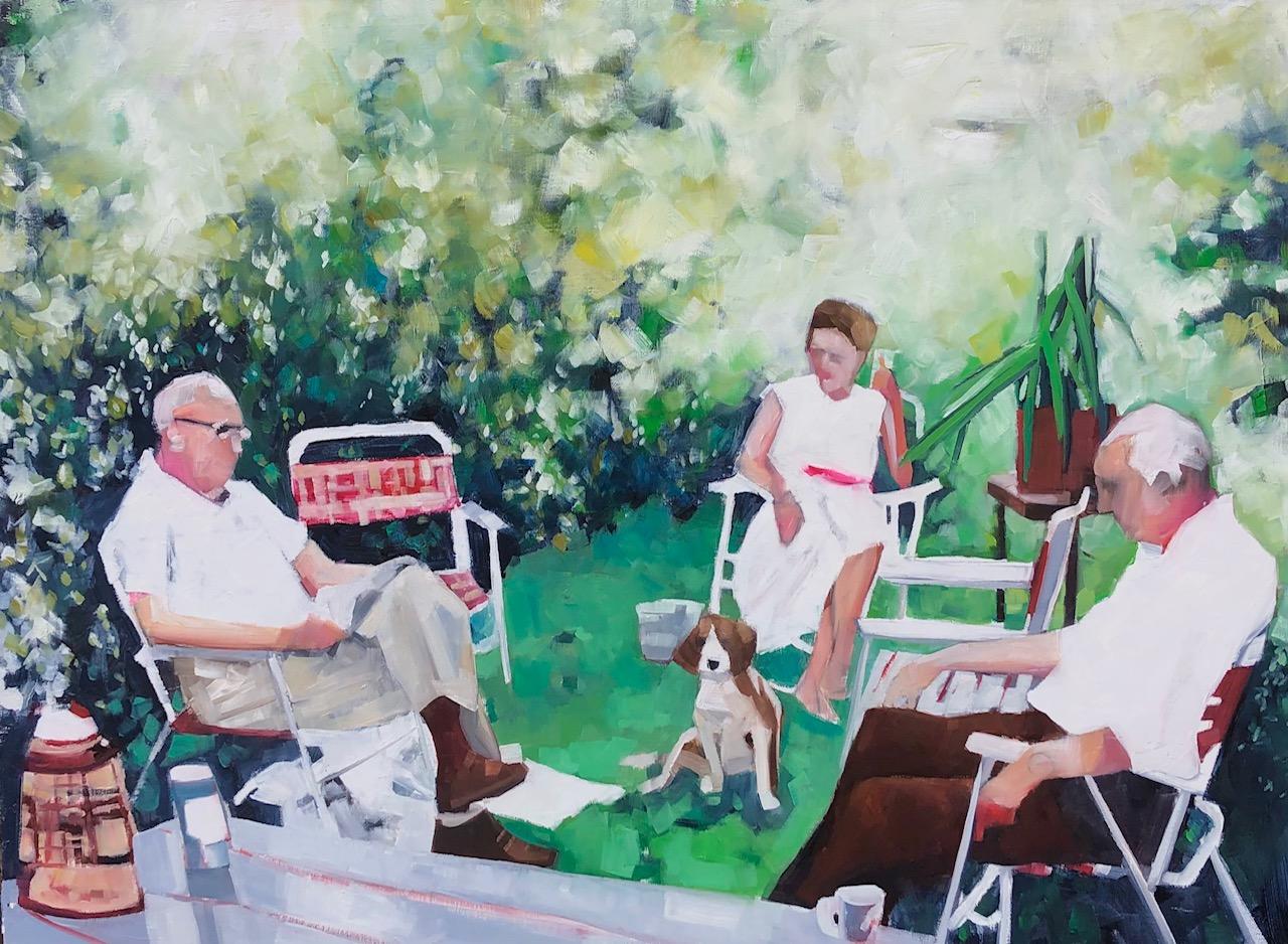 Ruth Shively Figurative Painting - Garden Conversations, figurative oil painting of family in backyard, dog