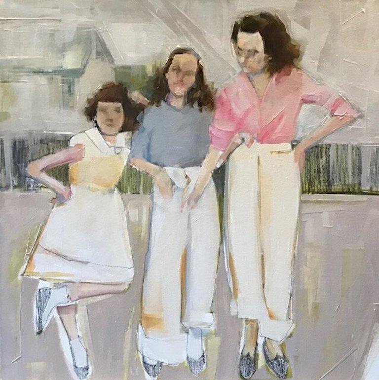 Ruth Shively Figurative Painting - Girls in Spring, soft pastel oil painting on canvas