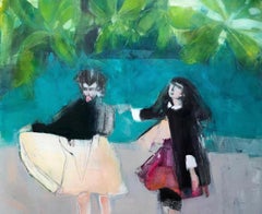 Girls in the Tropics, two girls in a lush green jungle, oil painting on canvas