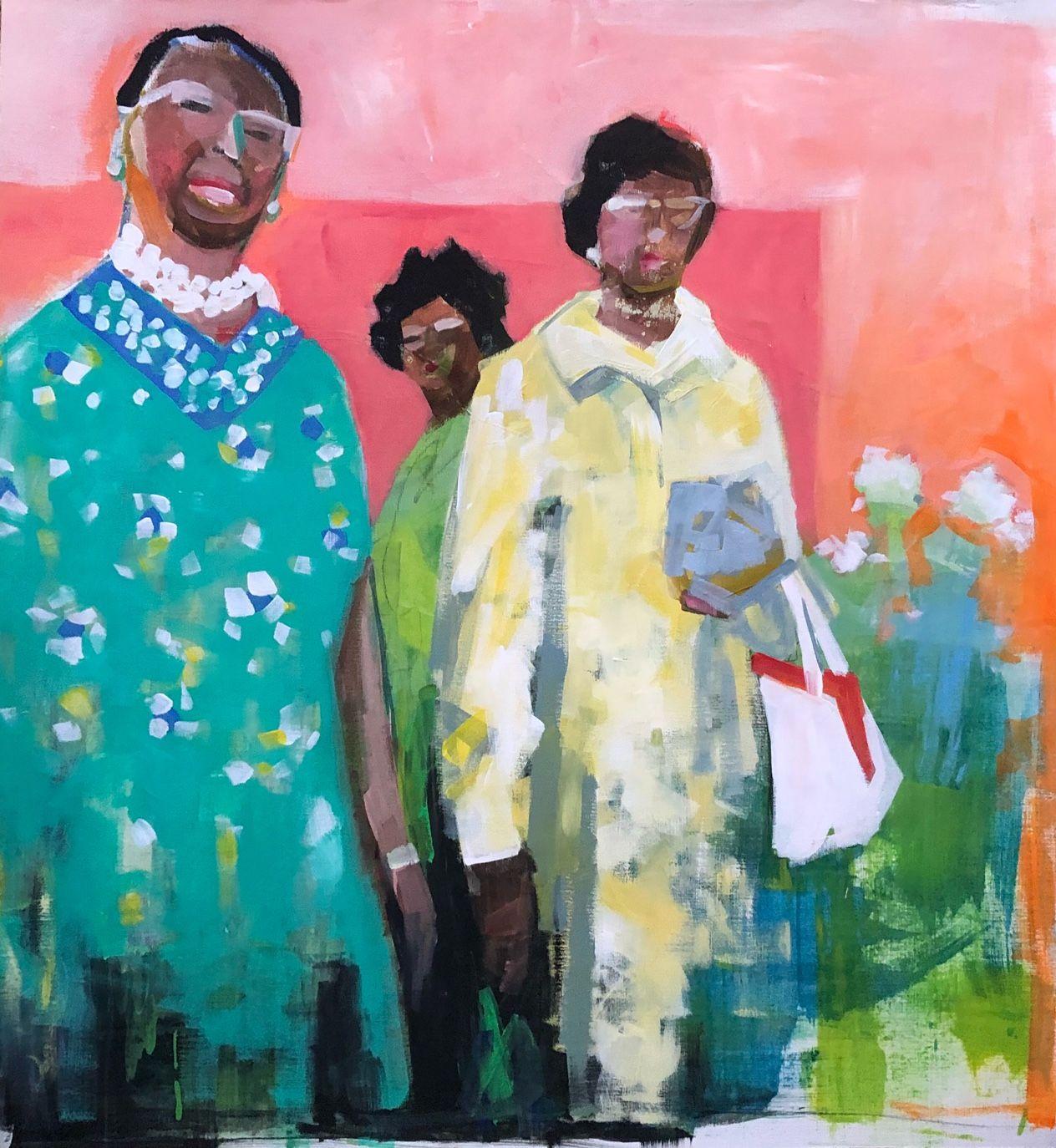 Ruth Shively Figurative Painting - Ladies' Luncheon, figurative oil painting of three women dressed up