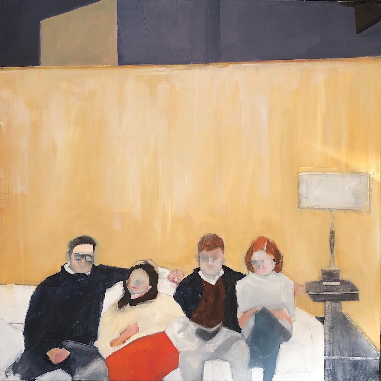 Ruth Shively Figurative Painting - Mid-Century Modern Friends, figurative oil painting of four people on couch